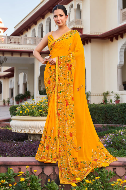 Yellow Printed Georgette Saree-SAR10166_1_SareeButa.com