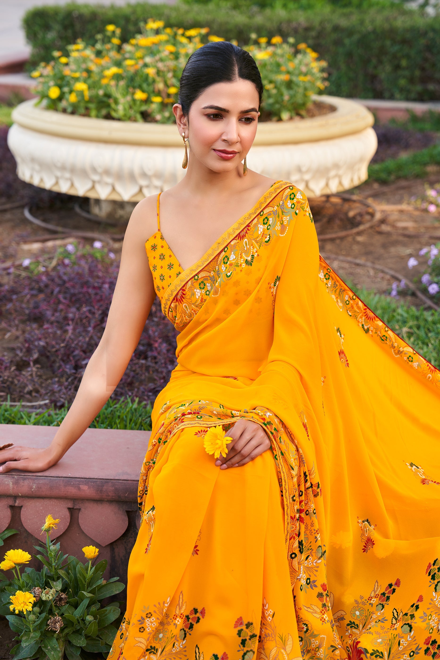 Yellow Printed Georgette Saree-SAR10166_2_SareeButa.com