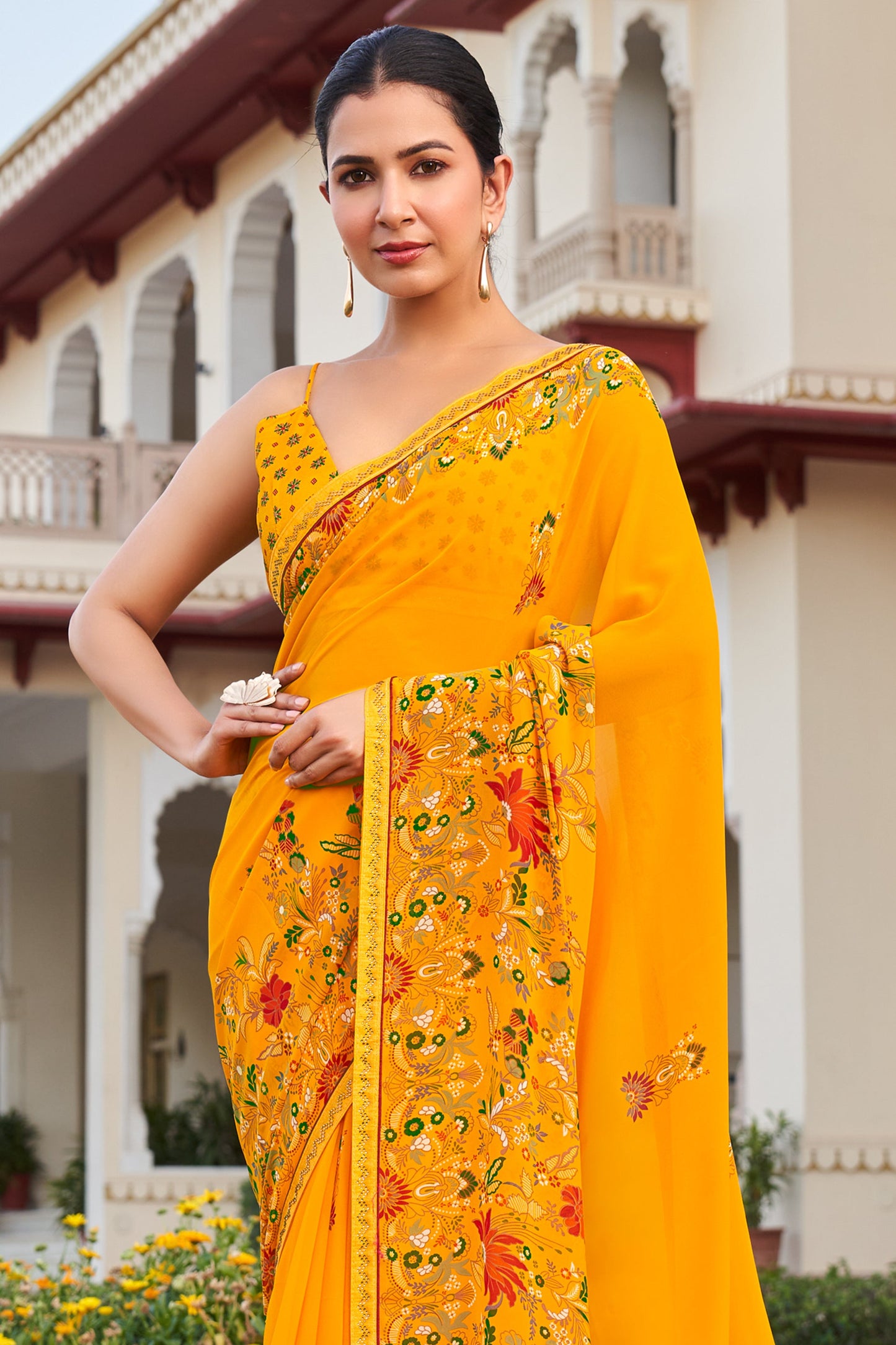 Yellow Printed Georgette Saree-SAR10166_4_SareeButa.com