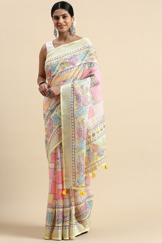 yellow-printed-linen-saree-zb132679_1_SareeButa.com