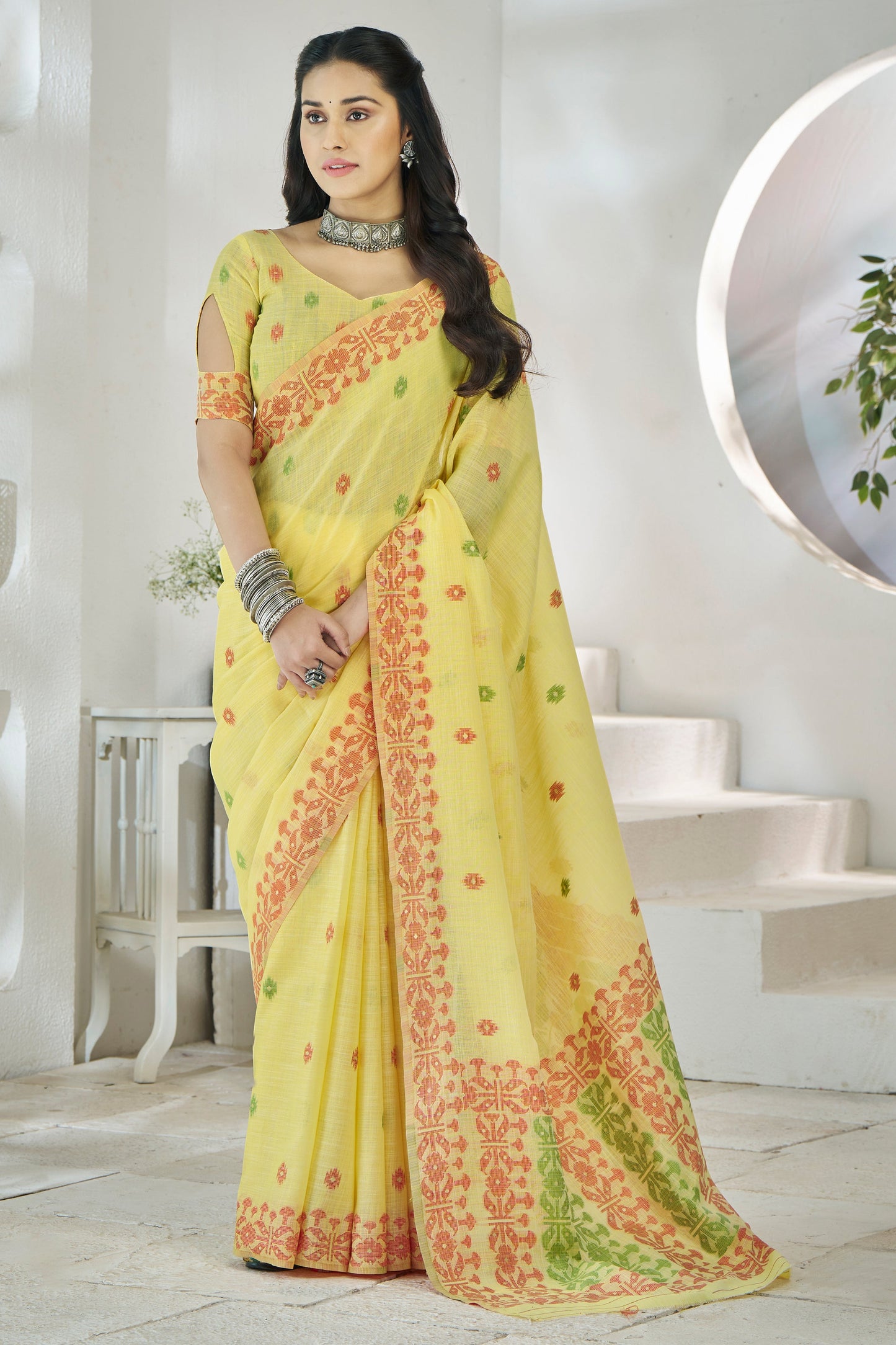 Yellow Printed Linen Silk Saree-ZB134716_1_SareeButa.com
