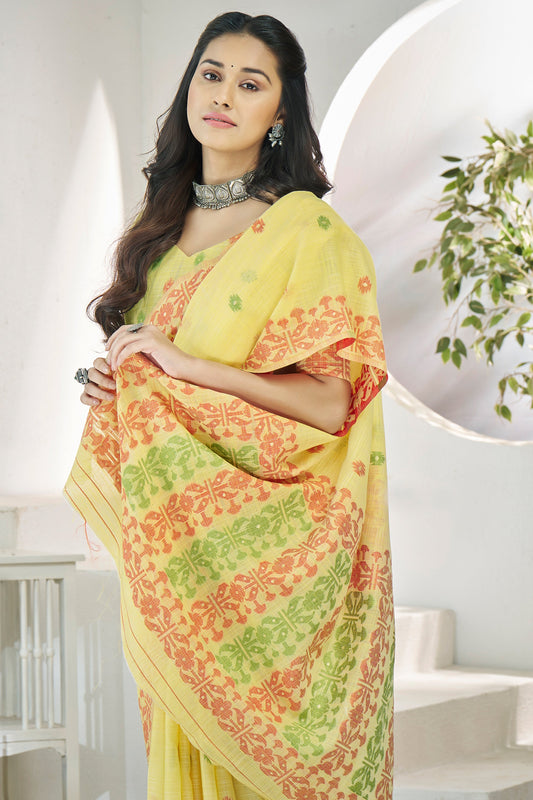 Yellow Printed Linen Silk Saree-ZB134716_2_SareeButa.com