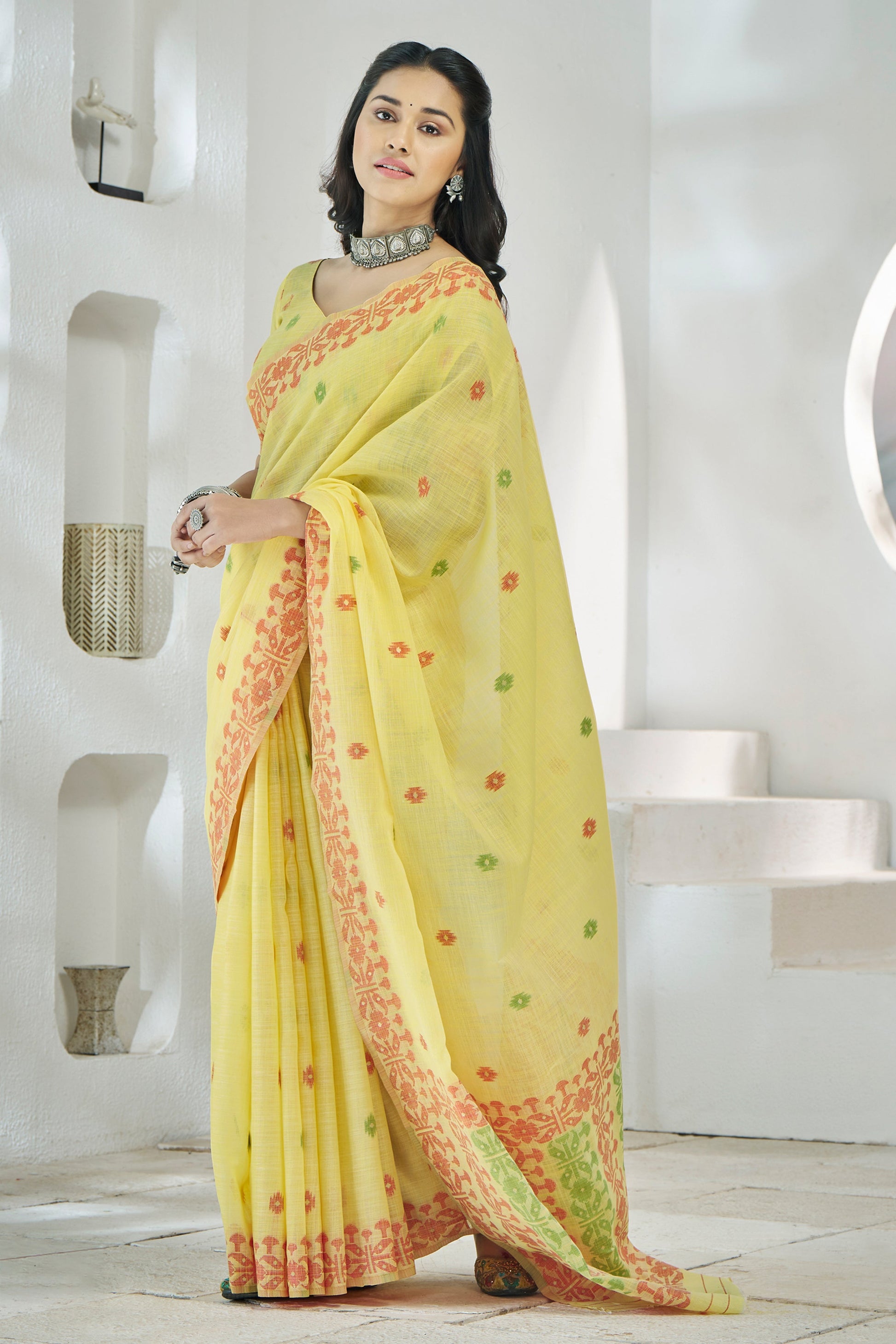 Yellow Printed Linen Silk Saree-ZB134716_3_SareeButa.com