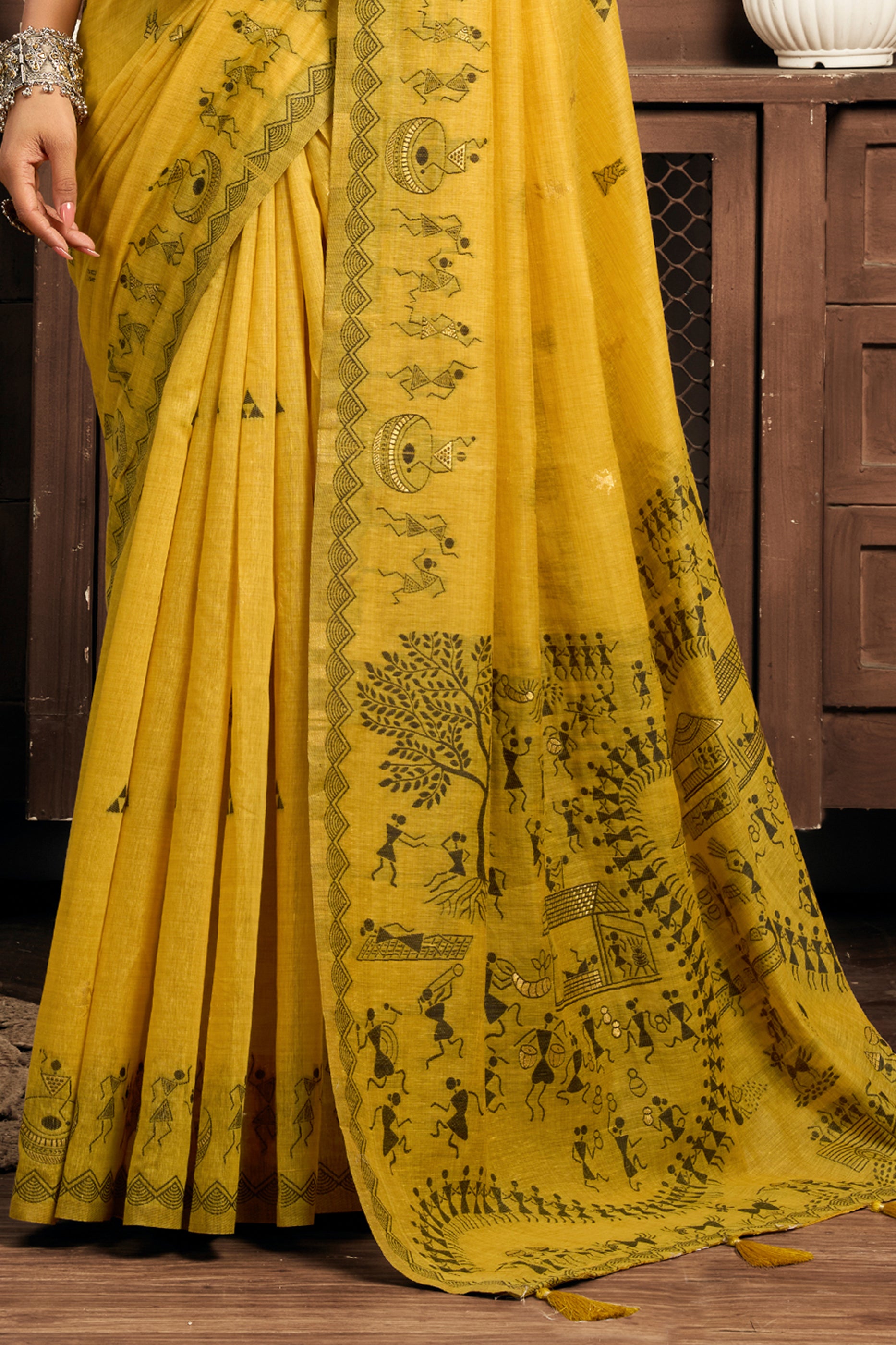 Yellow Printed Modal Cotton Saree-SAR12642_4_SareeButa.com