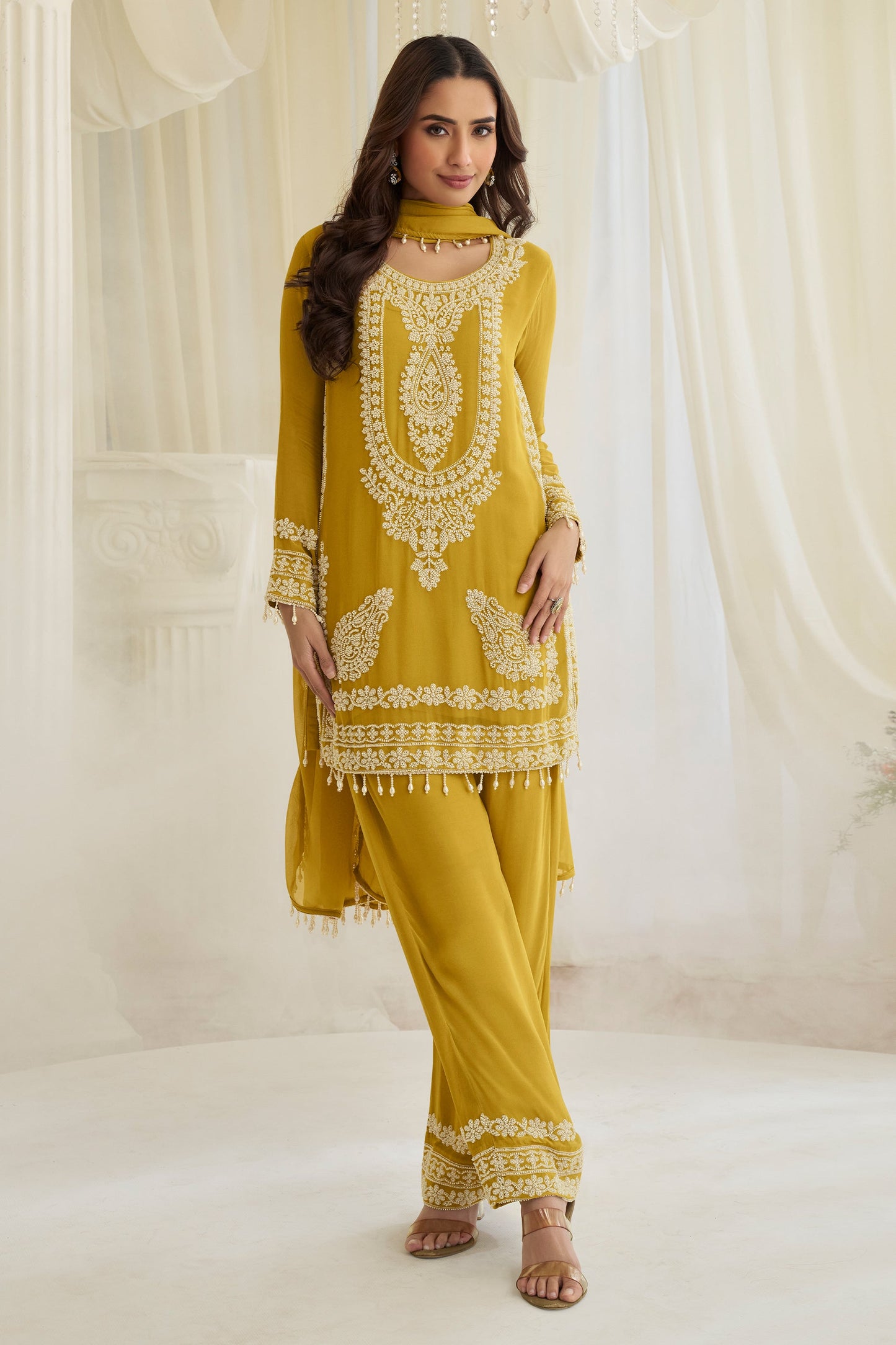 Yellow Readymade Bead Work Chinon Suit-SAR11525_1_SareeButa.com