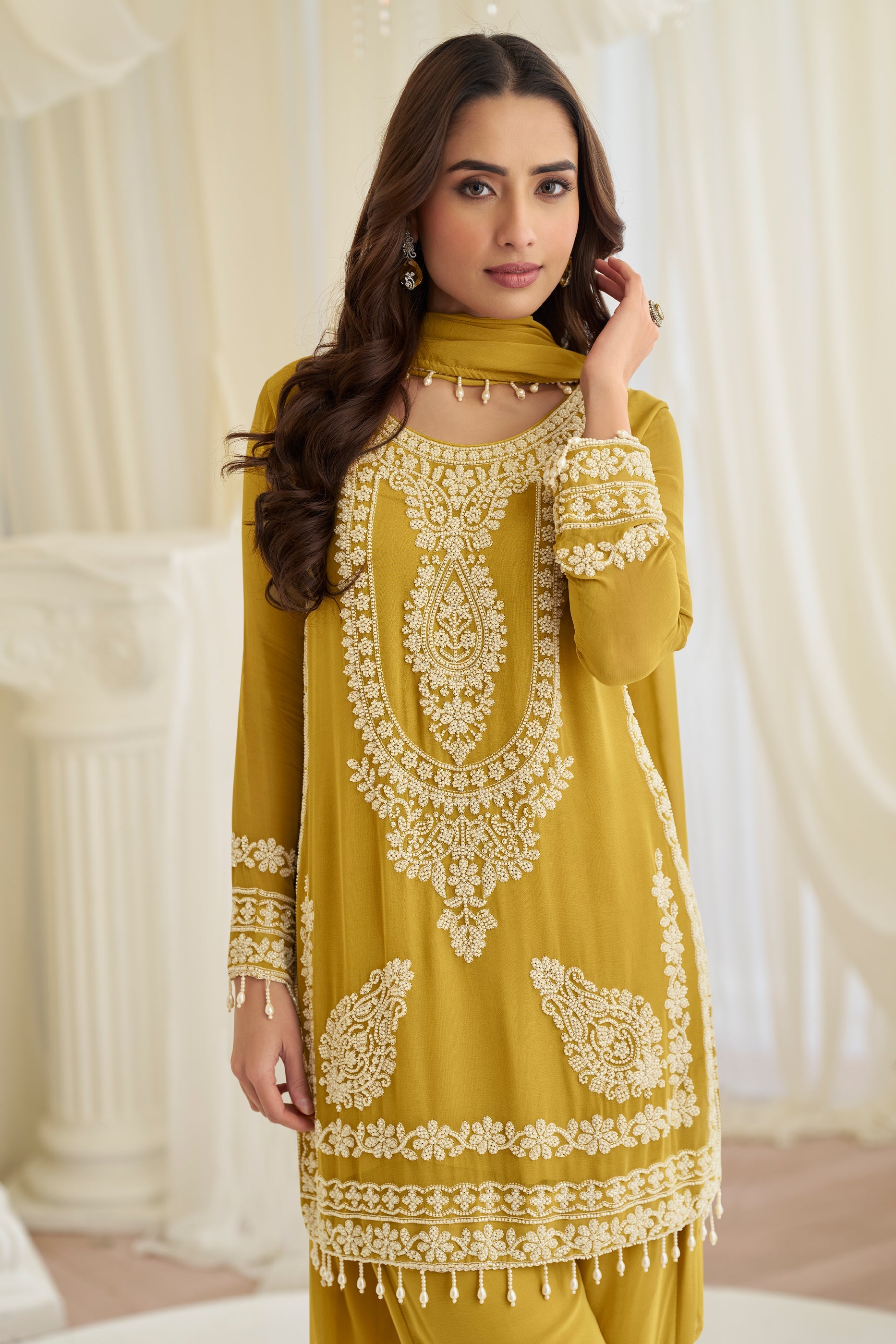 Yellow Readymade Bead Work Chinon Suit-SAR11525_2_SareeButa.com