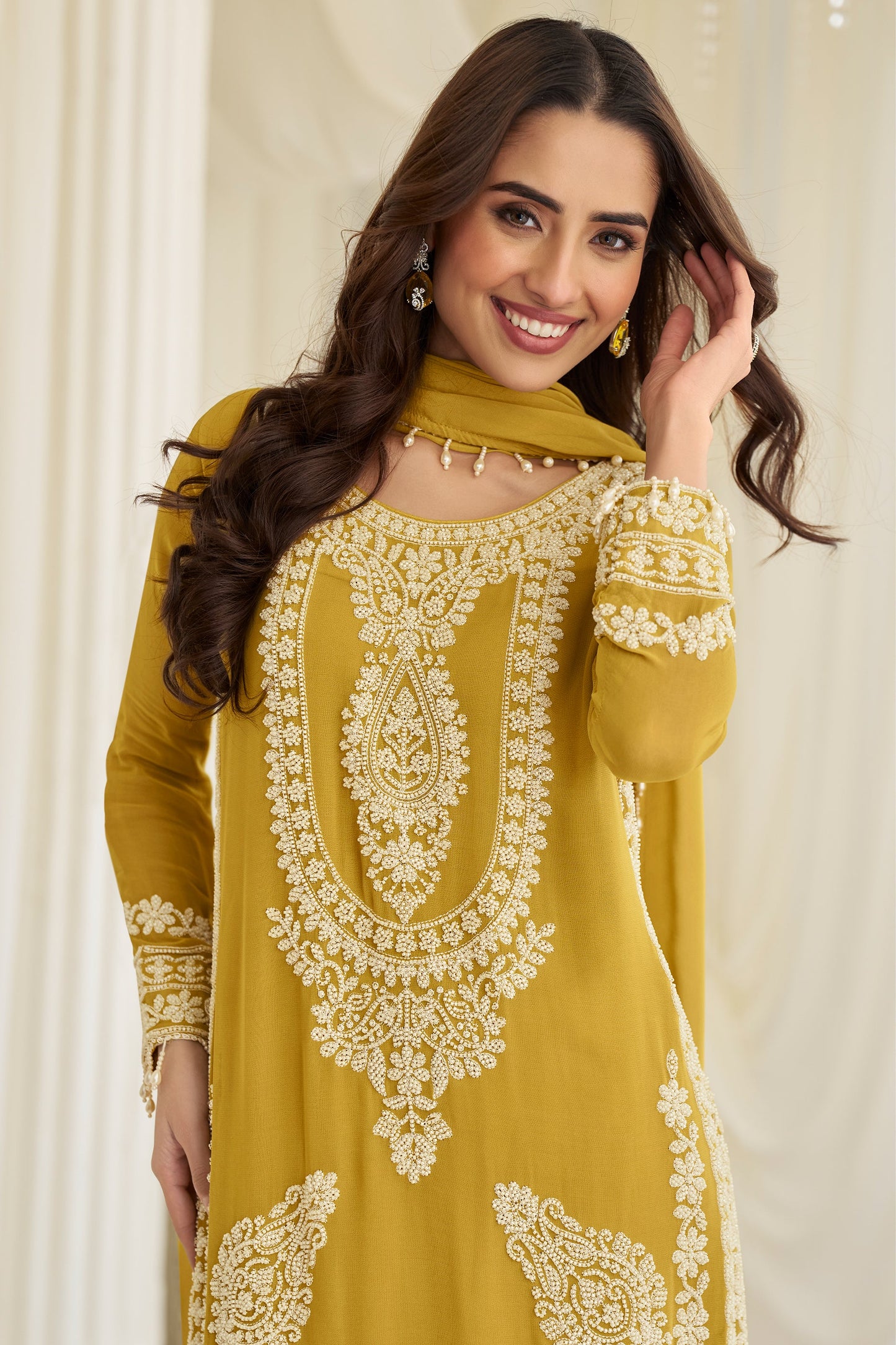 Yellow Readymade Bead Work Chinon Suit-SAR11525_3_SareeButa.com