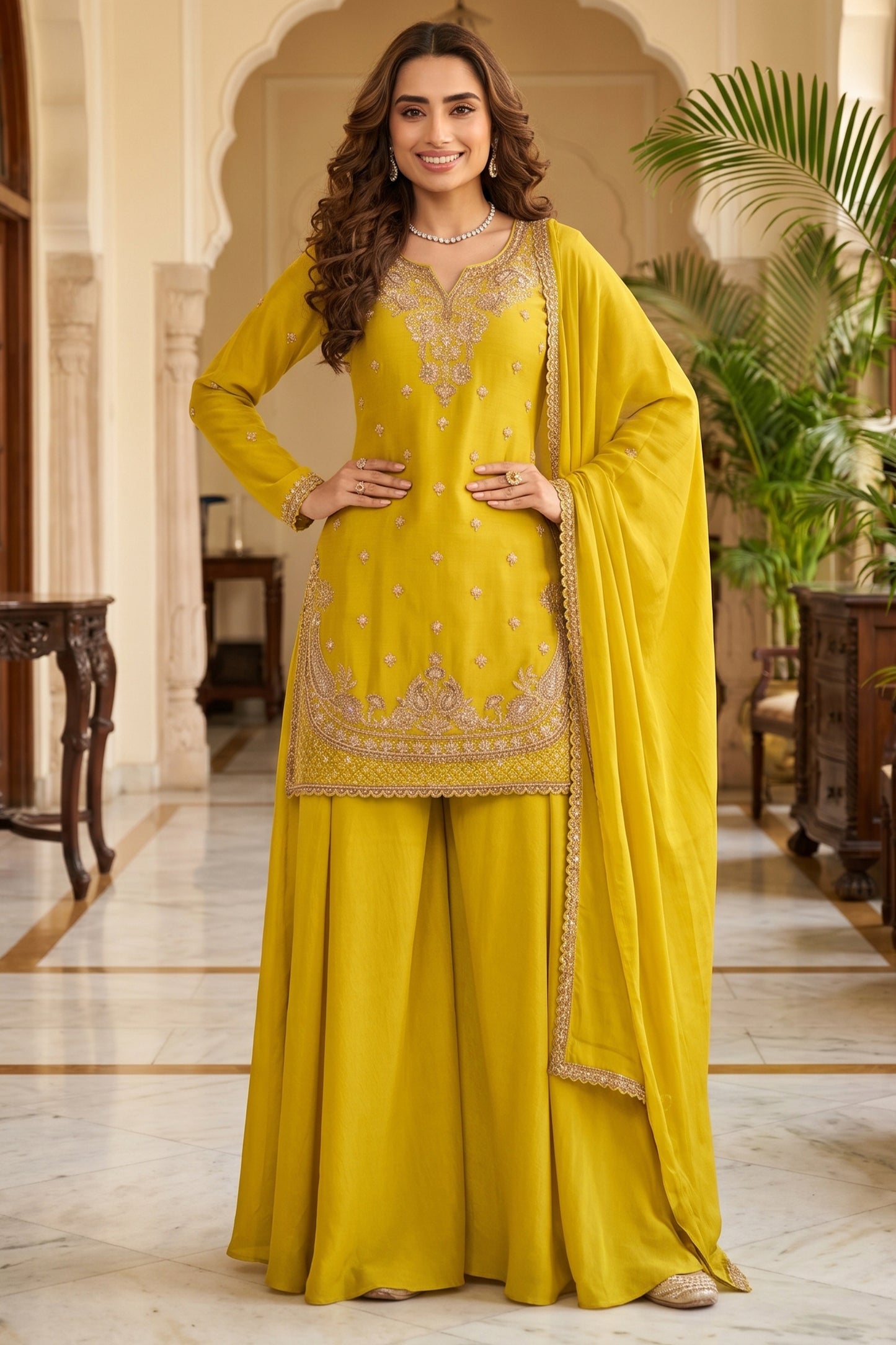 Yellow Readymade Bead Work Chinon Suit-SAR13012_1_SareeButa.com