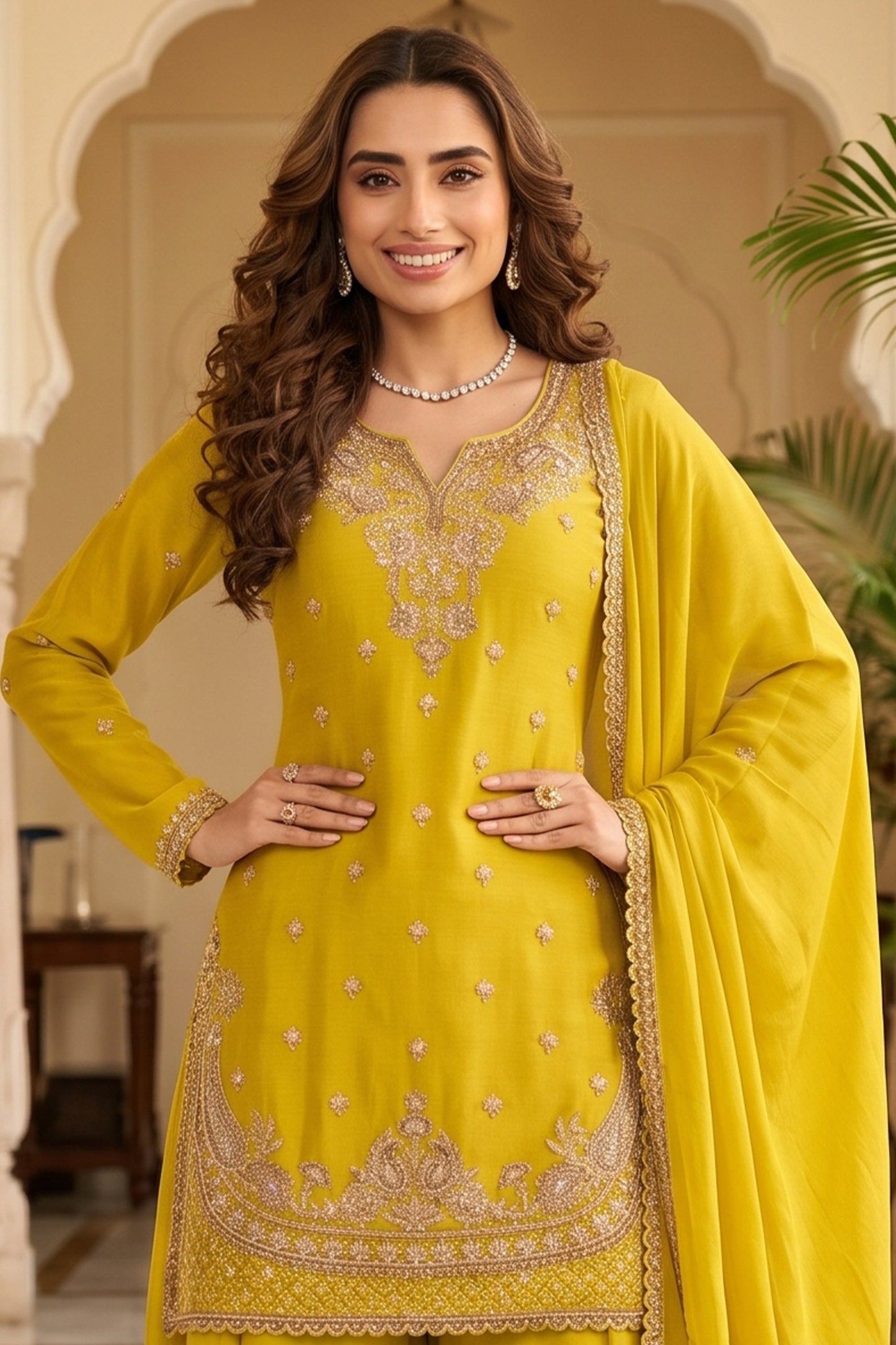 Yellow Readymade Bead Work Chinon Suit-SAR13012_2_SareeButa.com