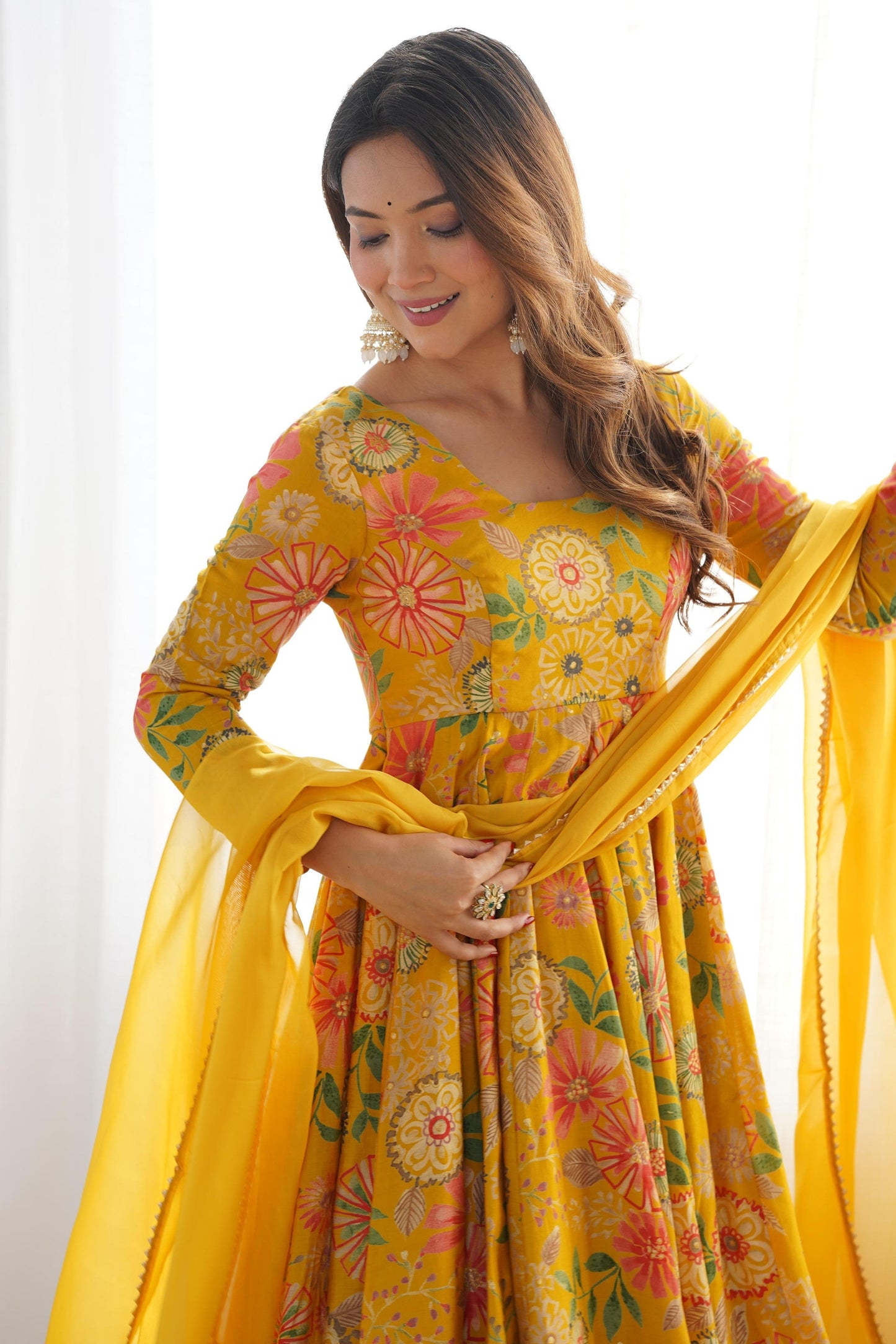 Buy Yellow Print Silk Anarkali Anarkali Suit ss398 | Saree Buta S Buy Yellow Print Silk Anarkali Anarkali Suit ss398 | Saree Buta S