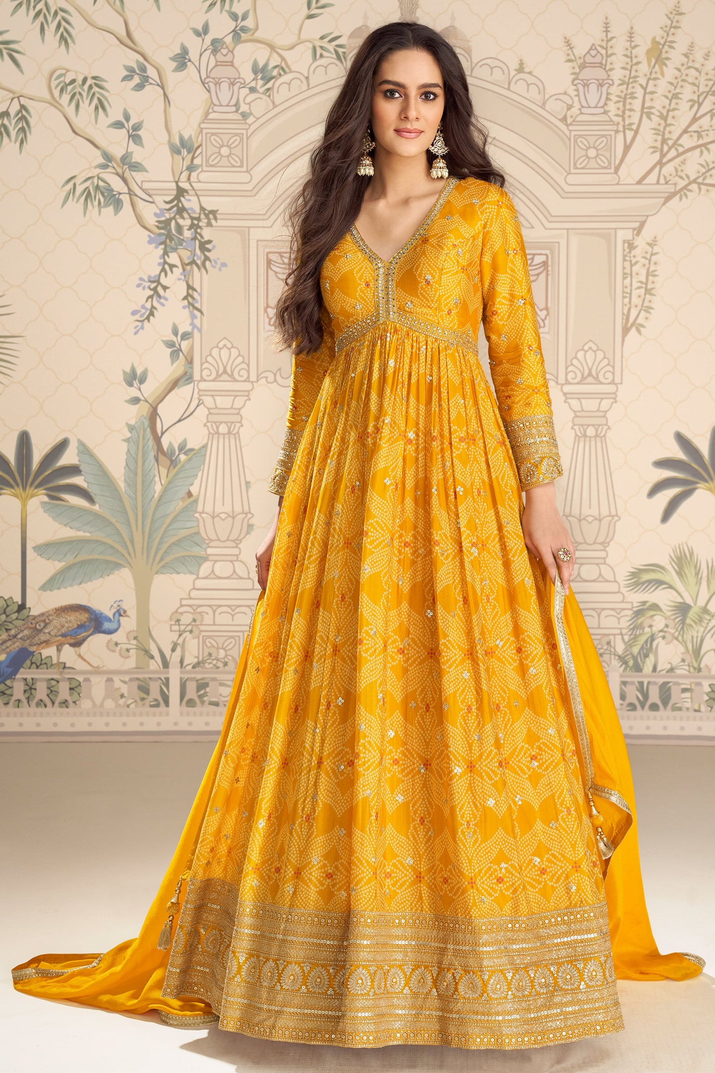 Yellow Readymade Chinon Gown with Dupatta-SAR11562_1_SareeButa.com