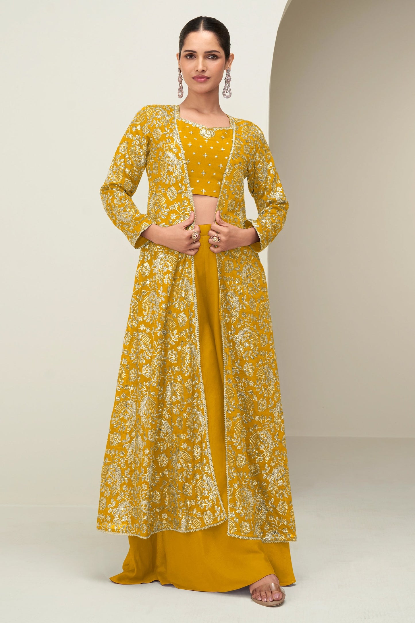 Yellow Readymade Chinon Silk Palazzo Set-SAR10520_1_SareeButa.com