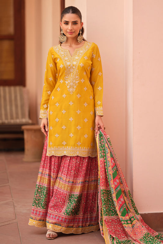 Yellow Readymade Chinon Silk Sharara Suit-SAR11970_1_SareeButa.com