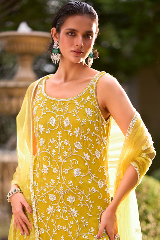 Yellow Readymade Embroidered Chiffon Sharara Suit-SAR13572_2_SareeButa.com