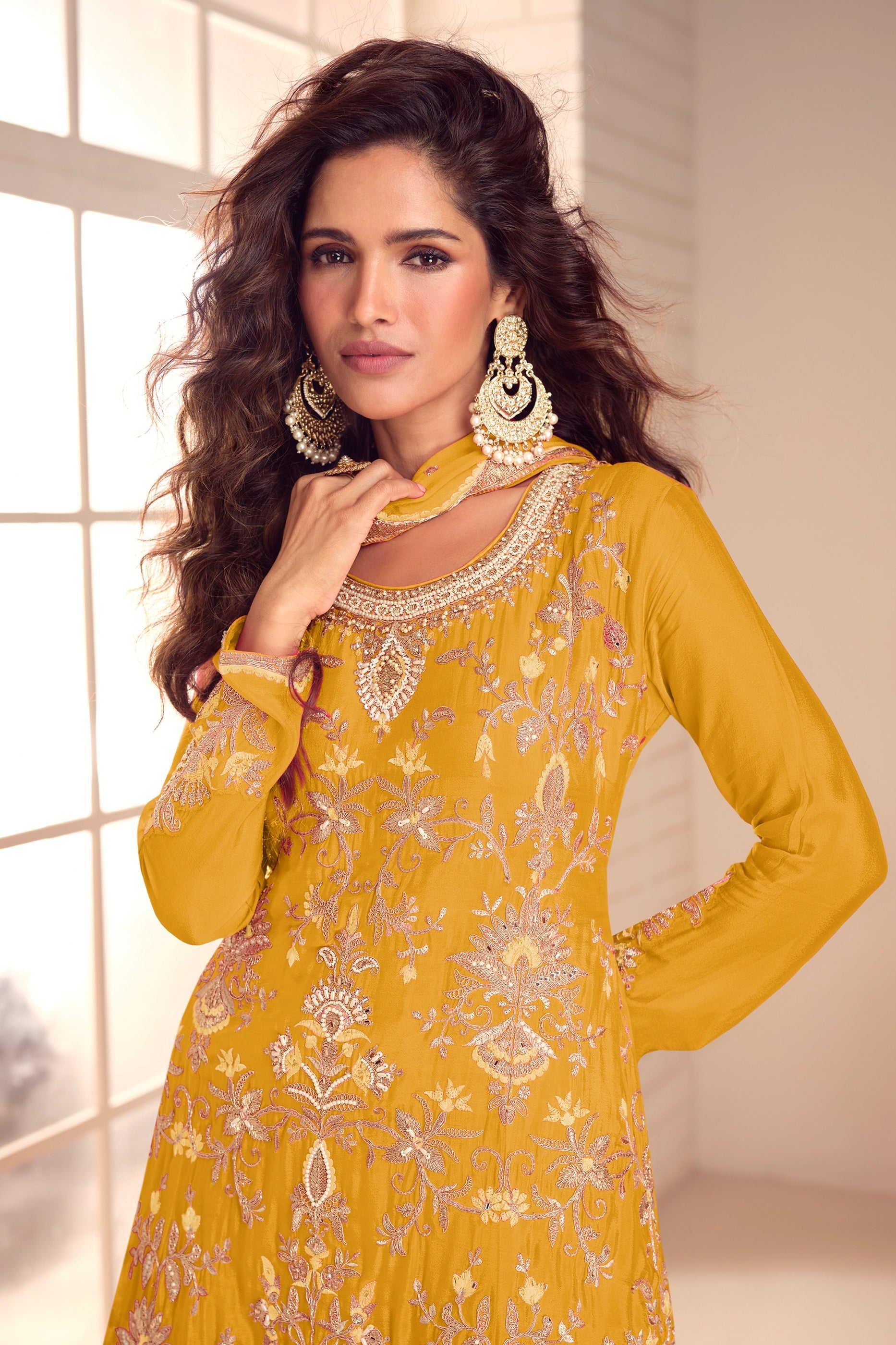 Yellow Readymade Embroidered Chinon A-Line Suit-SAR10939_2_SareeButa.com