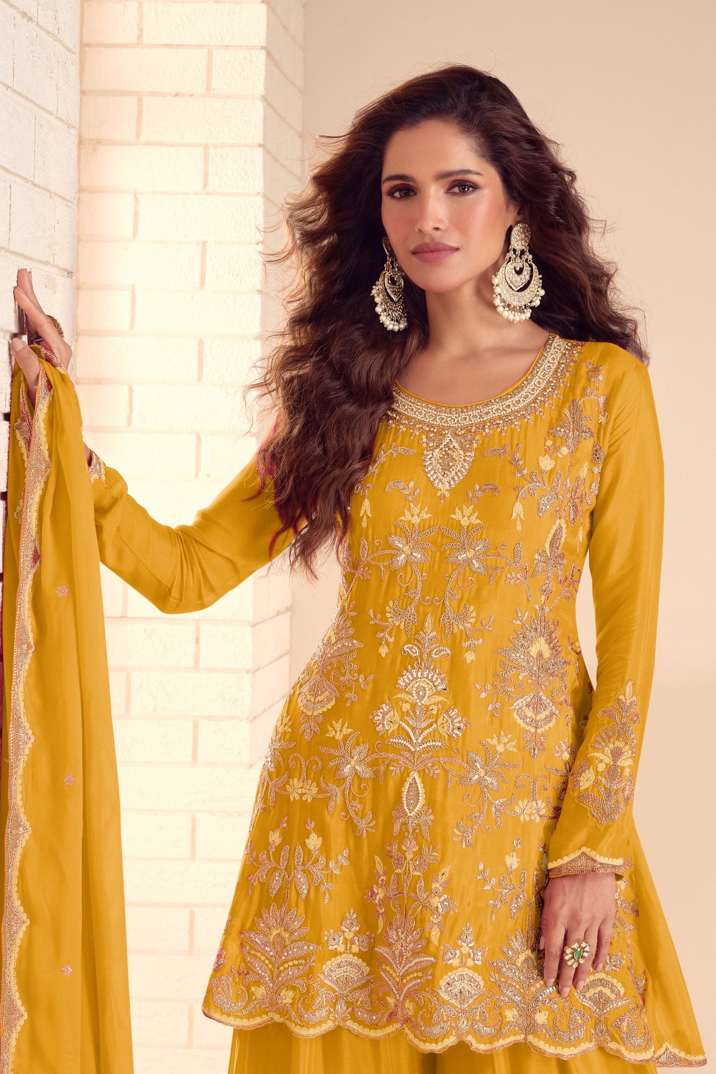 Yellow Readymade Embroidered Chinon A-Line Suit-SAR10939_3_SareeButa.com