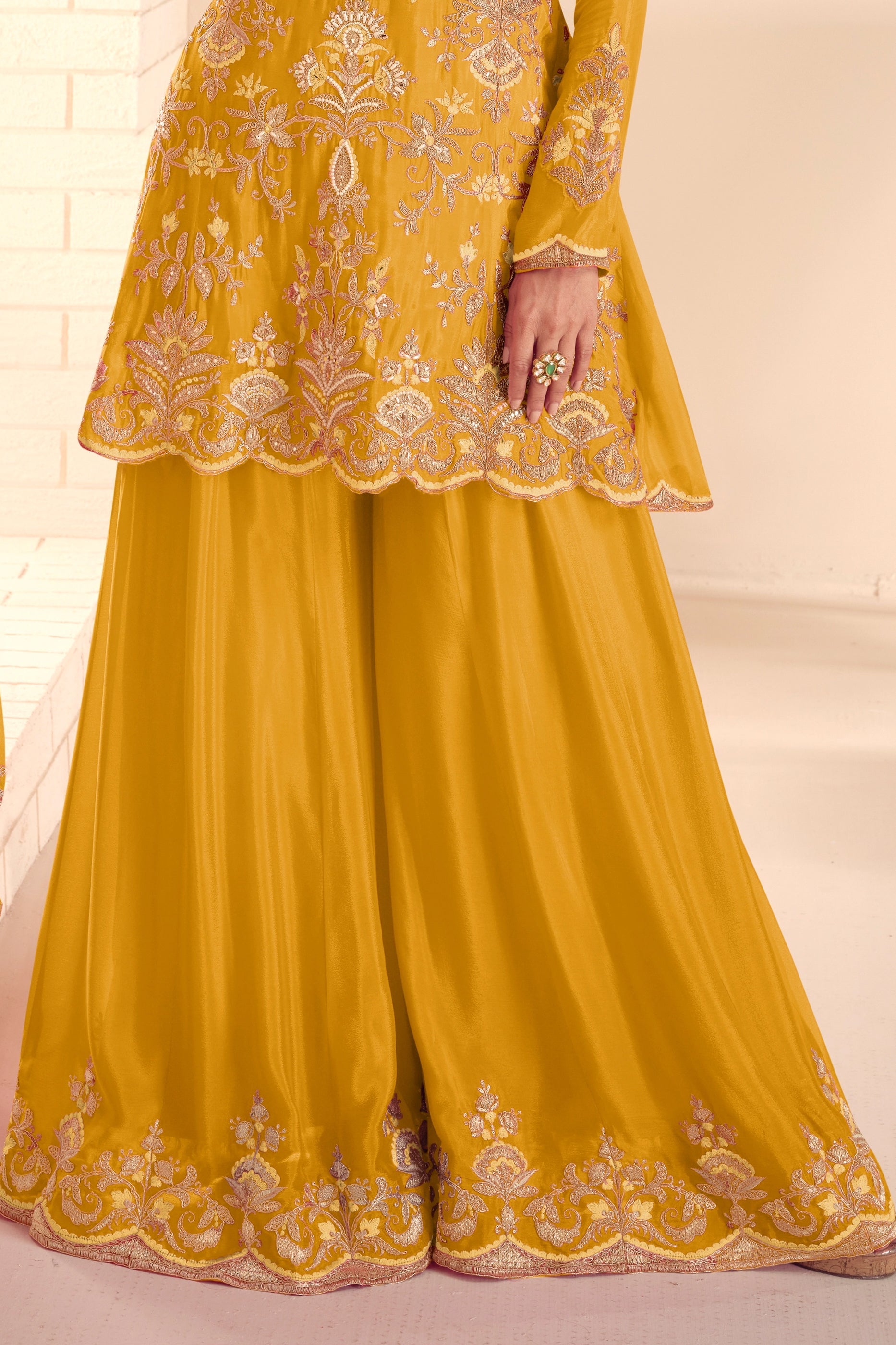 Yellow Readymade Embroidered Chinon A-Line Suit-SAR10939_4_SareeButa.com
