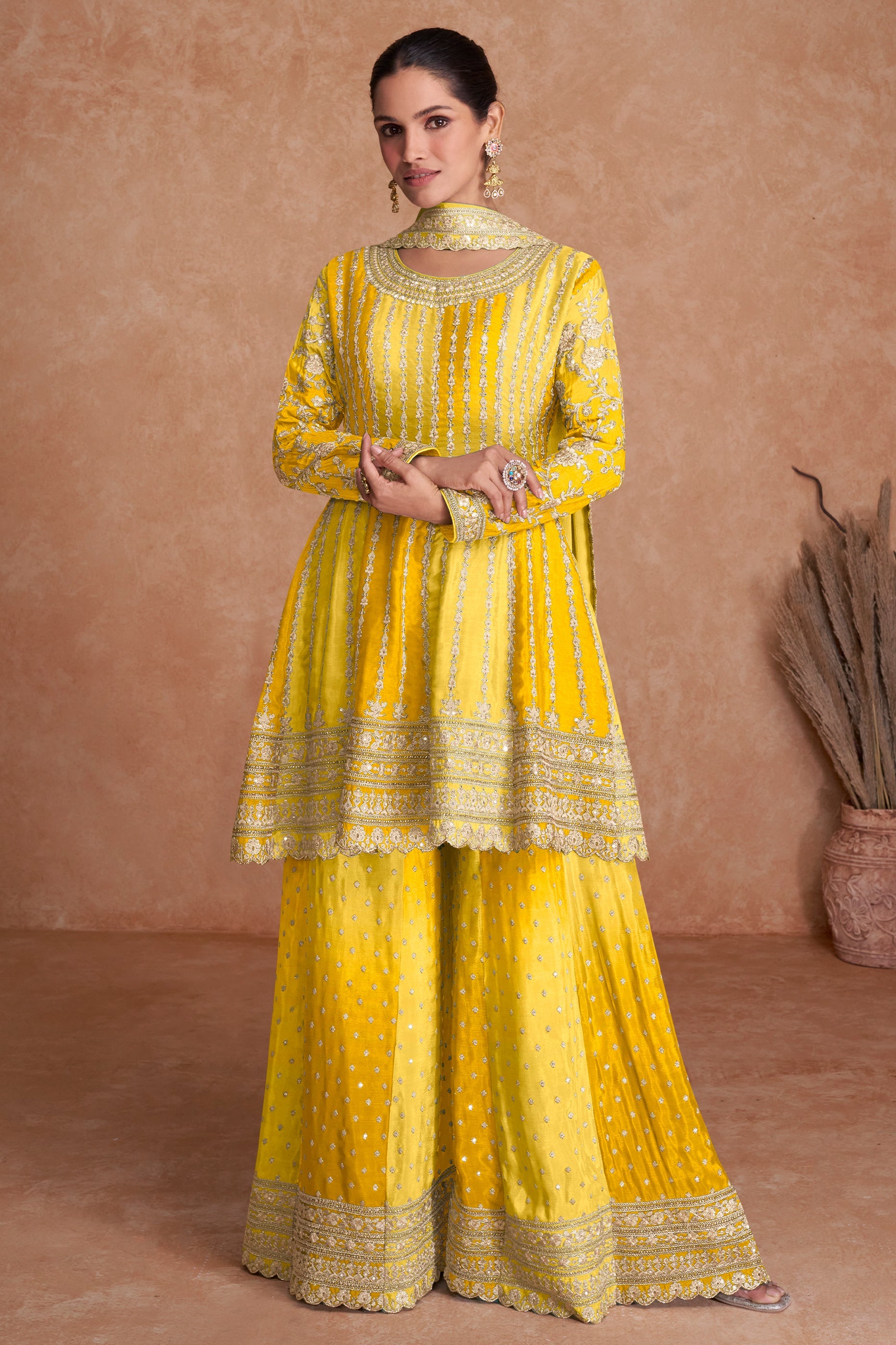 Yellow Readymade Embroidered Chinon A-line Suit-SAR10798_1_SareeButa.com