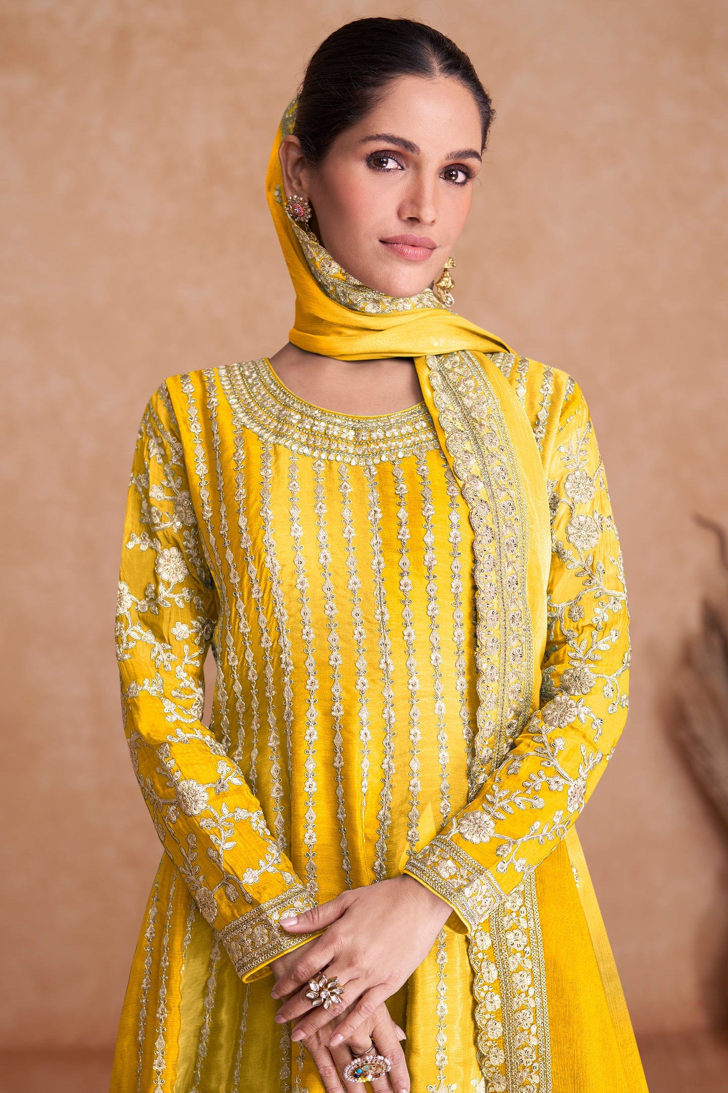 Yellow Readymade Embroidered Chinon A-line Suit-SAR10798_2_SareeButa.com