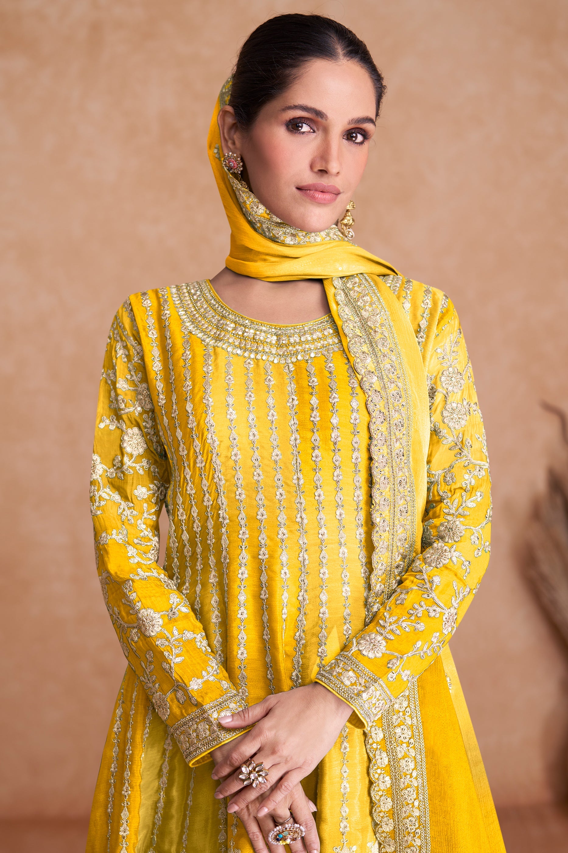 Yellow Readymade Embroidered Chinon A-line Suit-SAR10798_2_SareeButa.com