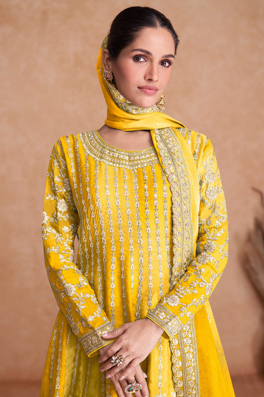 Yellow Readymade Embroidered Chinon A-line Suit-SAR10798_2_SareeButa.com