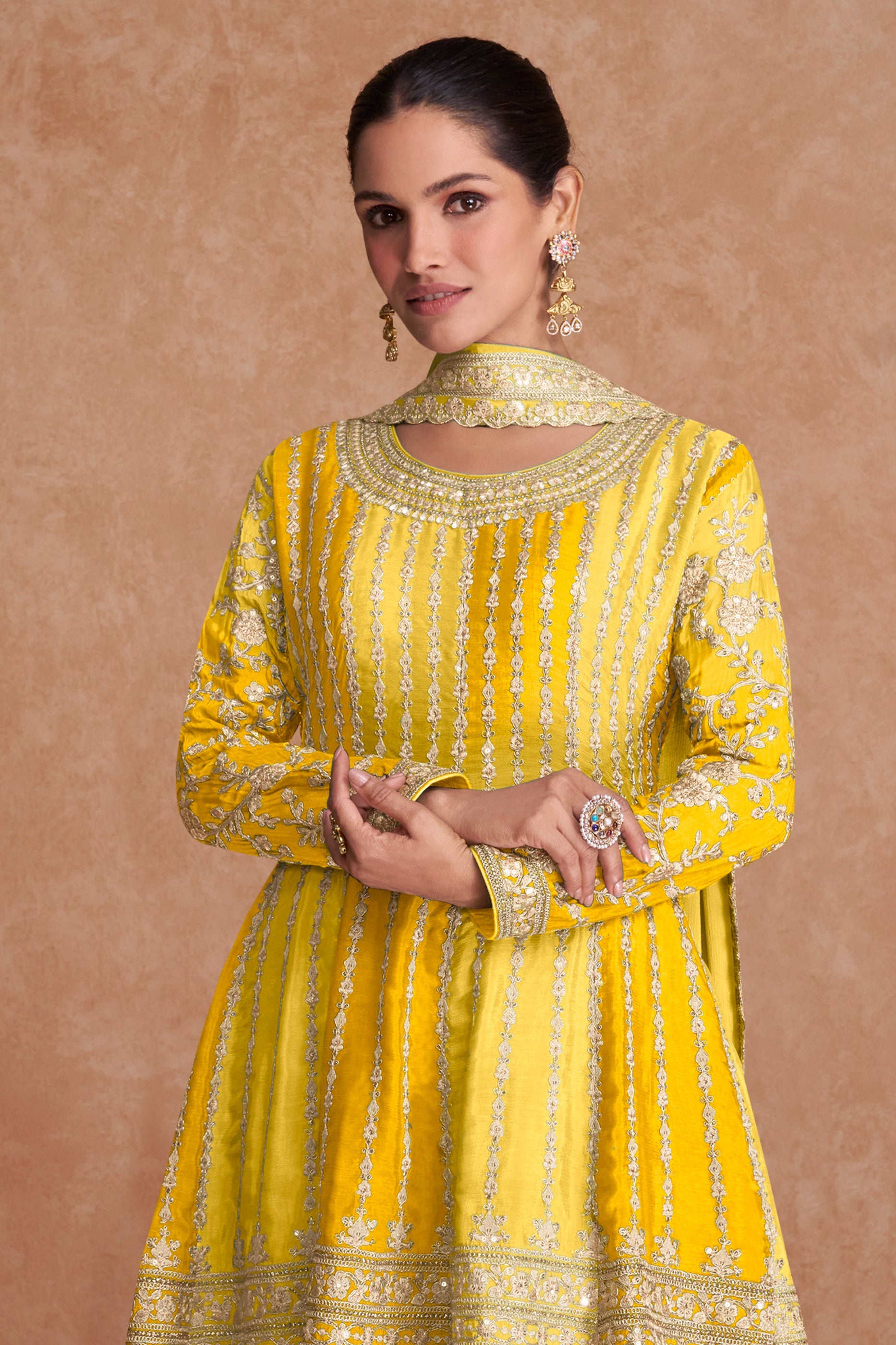 Yellow Readymade Embroidered Chinon A-line Suit-SAR10798_3_SareeButa.com