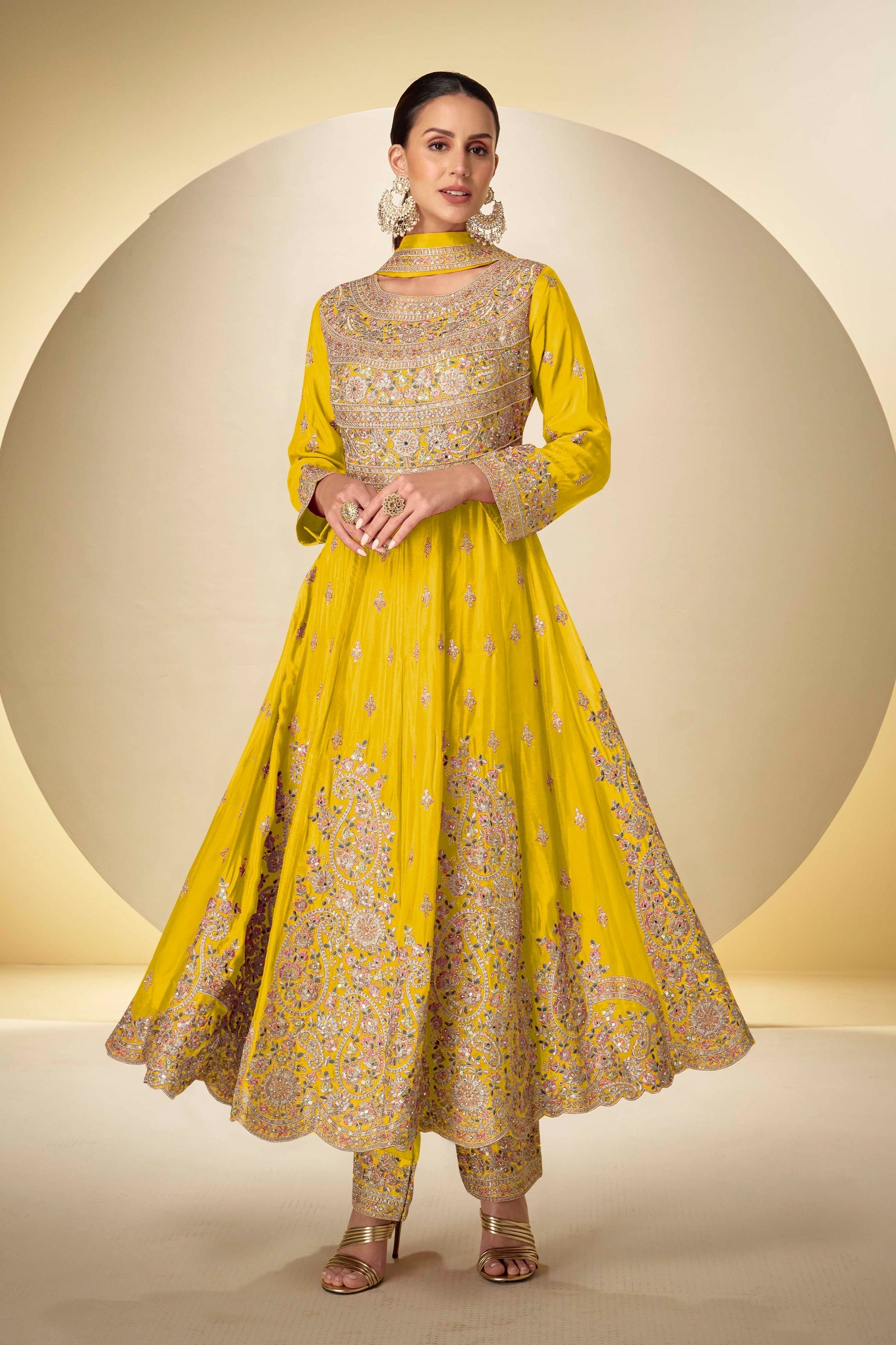 Yellow Readymade Embroidered Chinon Anarkali Suit-SAR10927_1_SareeButa.com