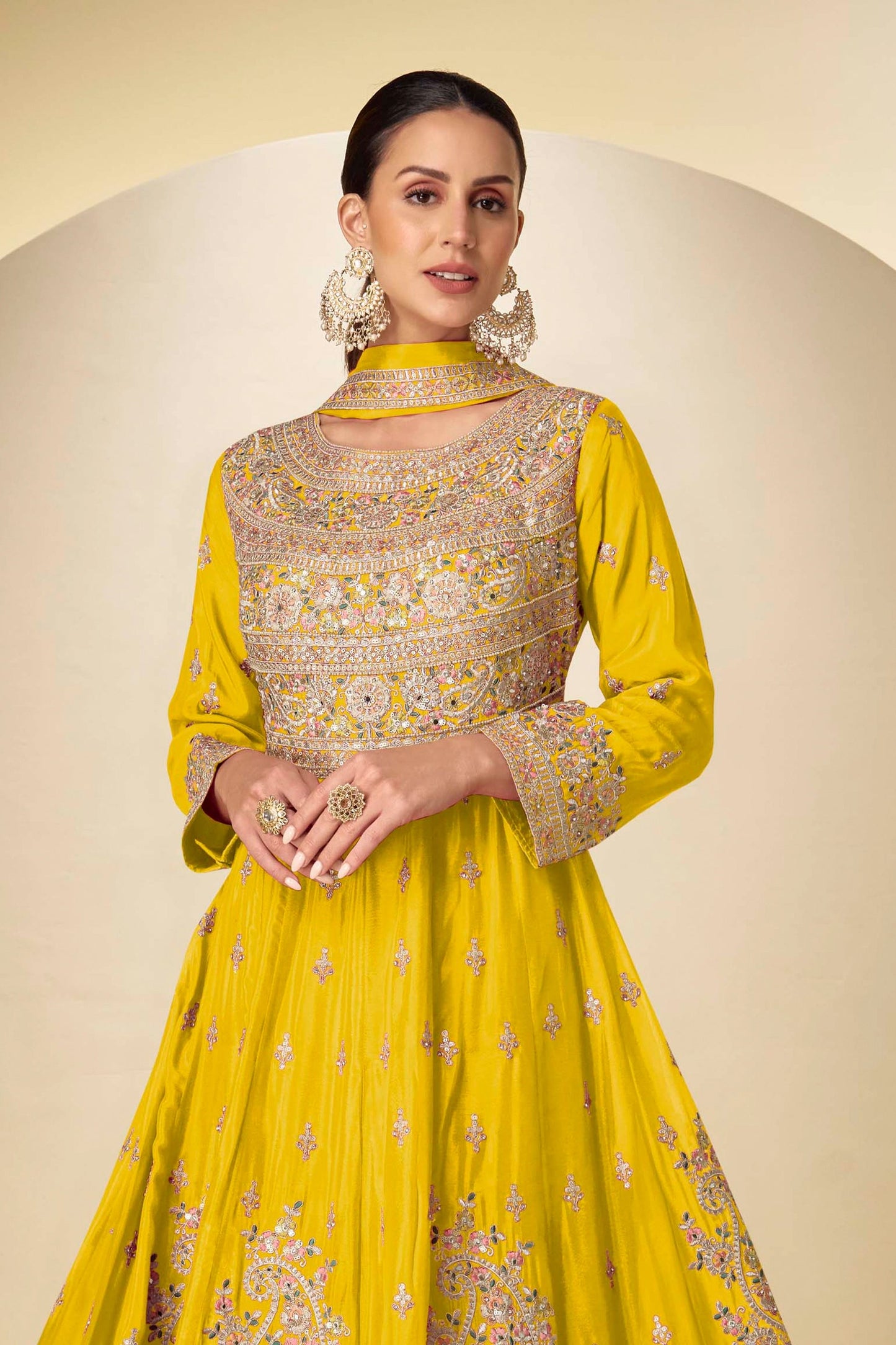 Yellow Readymade Embroidered Chinon Anarkali Suit-SAR10927_3_SareeButa.com