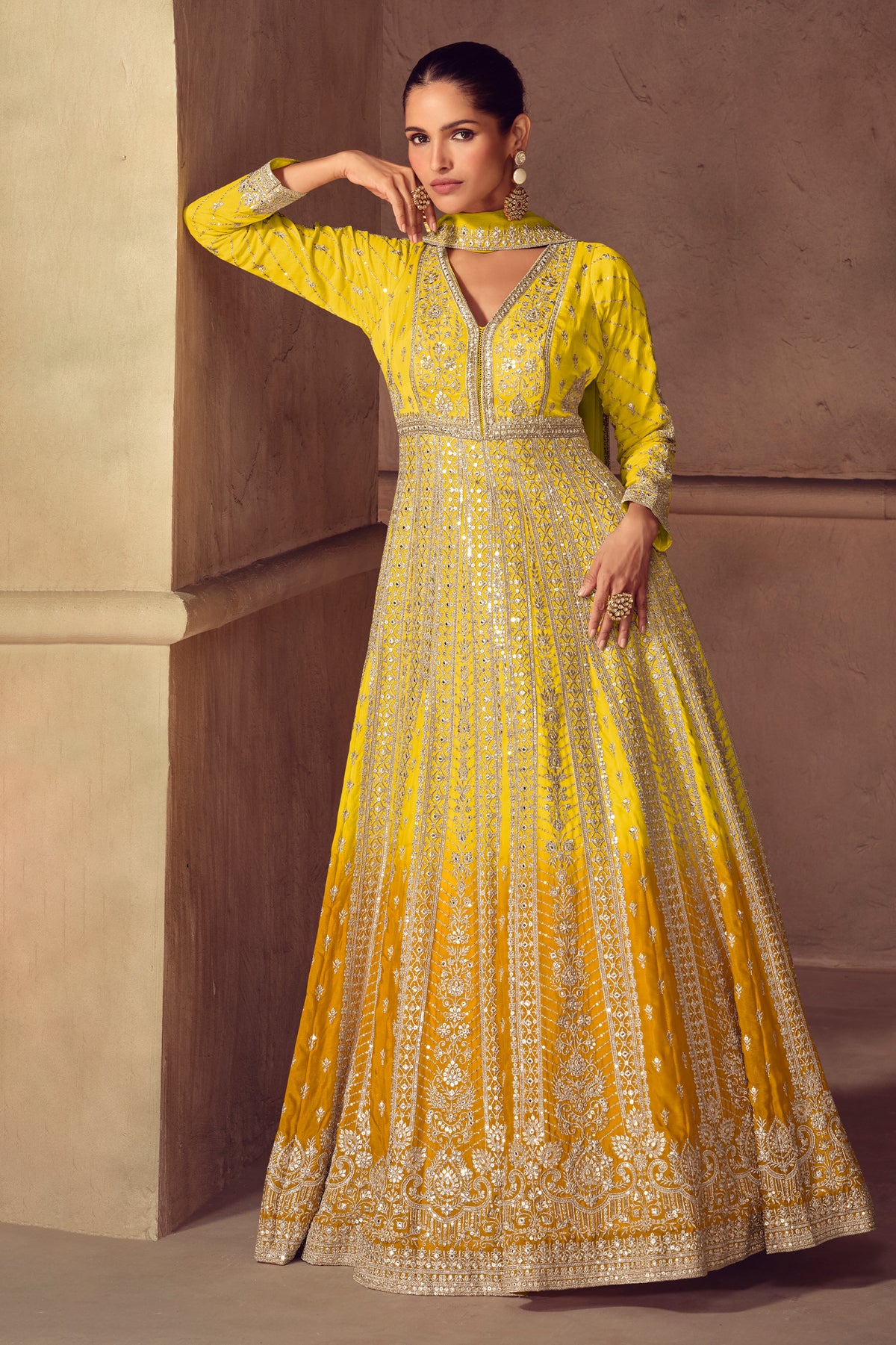 Yellow Readymade Embroidered Chinon Gown with Dupatta-SAR13539_1_SareeButa.com