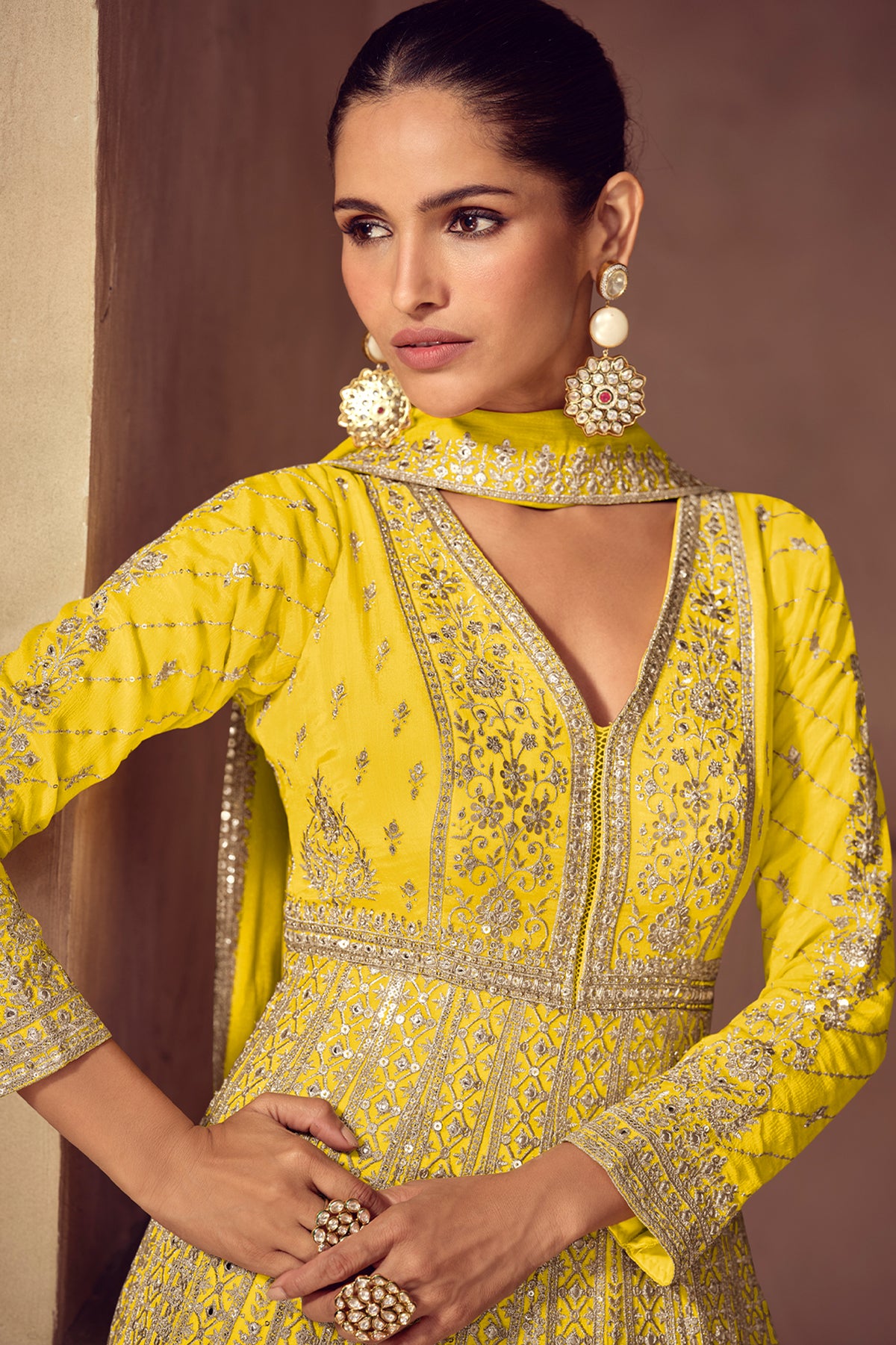Yellow Readymade Embroidered Chinon Gown with Dupatta-SAR13539_2_SareeButa.com