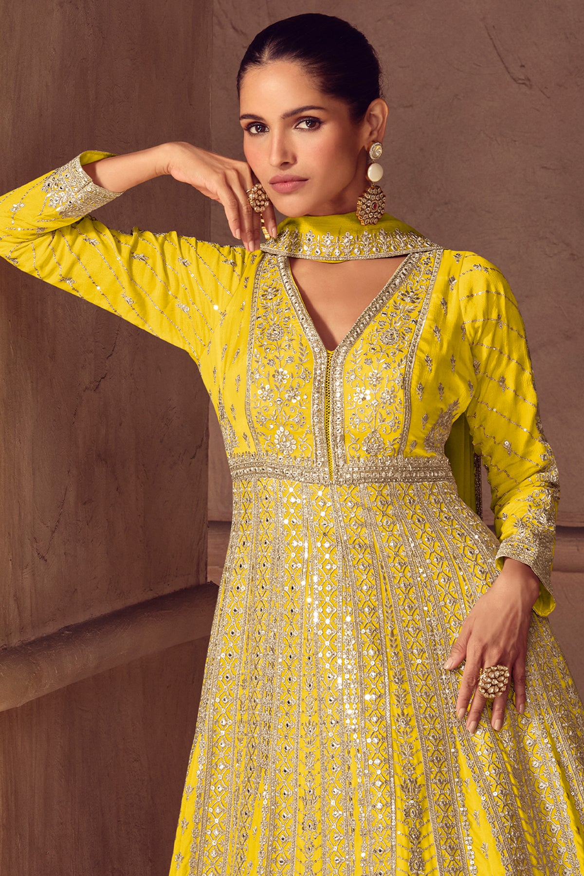 Yellow Readymade Embroidered Chinon Gown with Dupatta-SAR13539_3_SareeButa.com