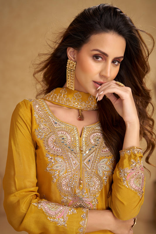 Yellow Readymade Embroidered Chinon Palazzo Suit-SAR11523_2_SareeButa.com