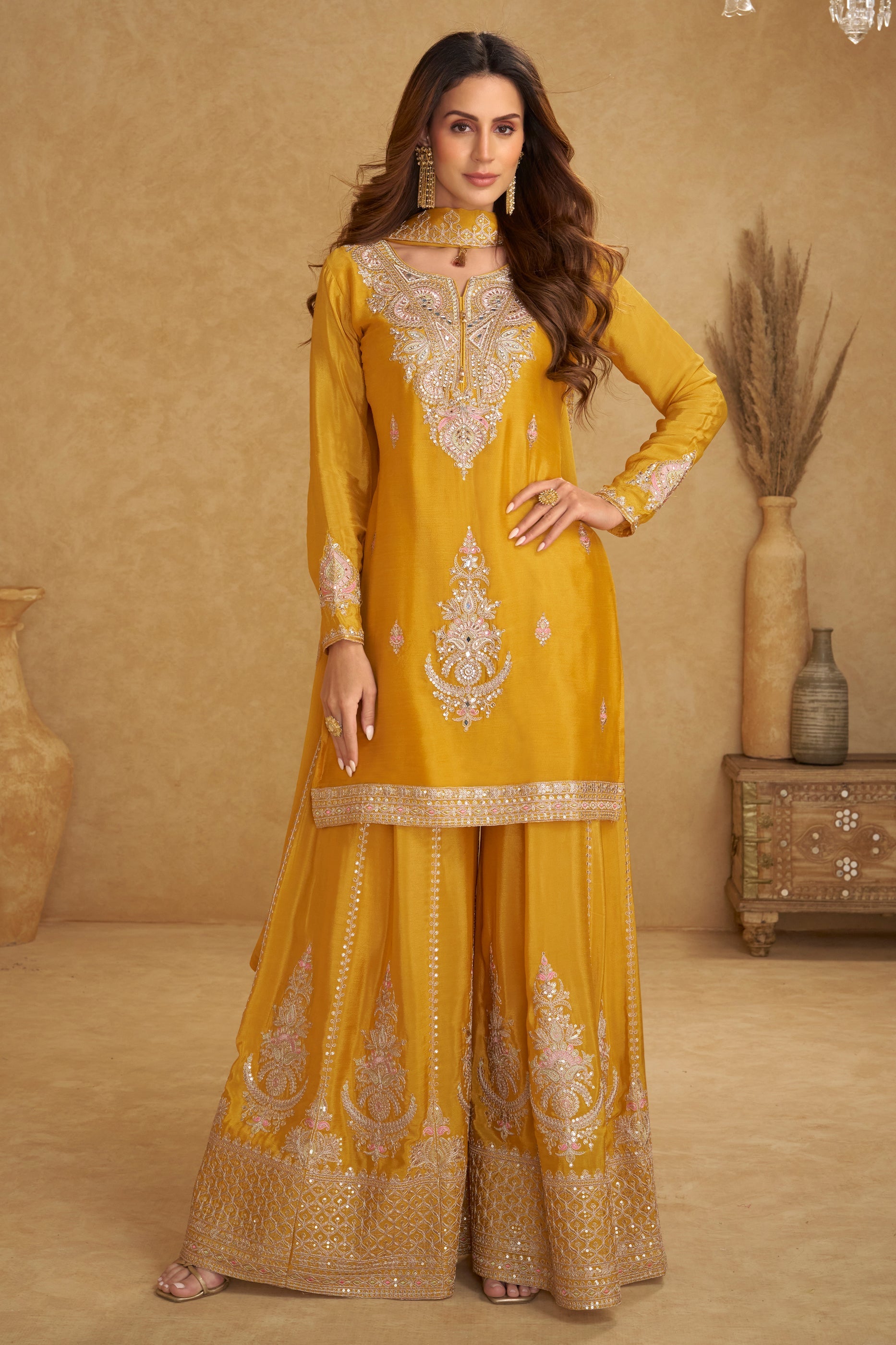 Yellow Readymade Embroidered Chinon Palazzo Suit-SAR11523_4_SareeButa.com