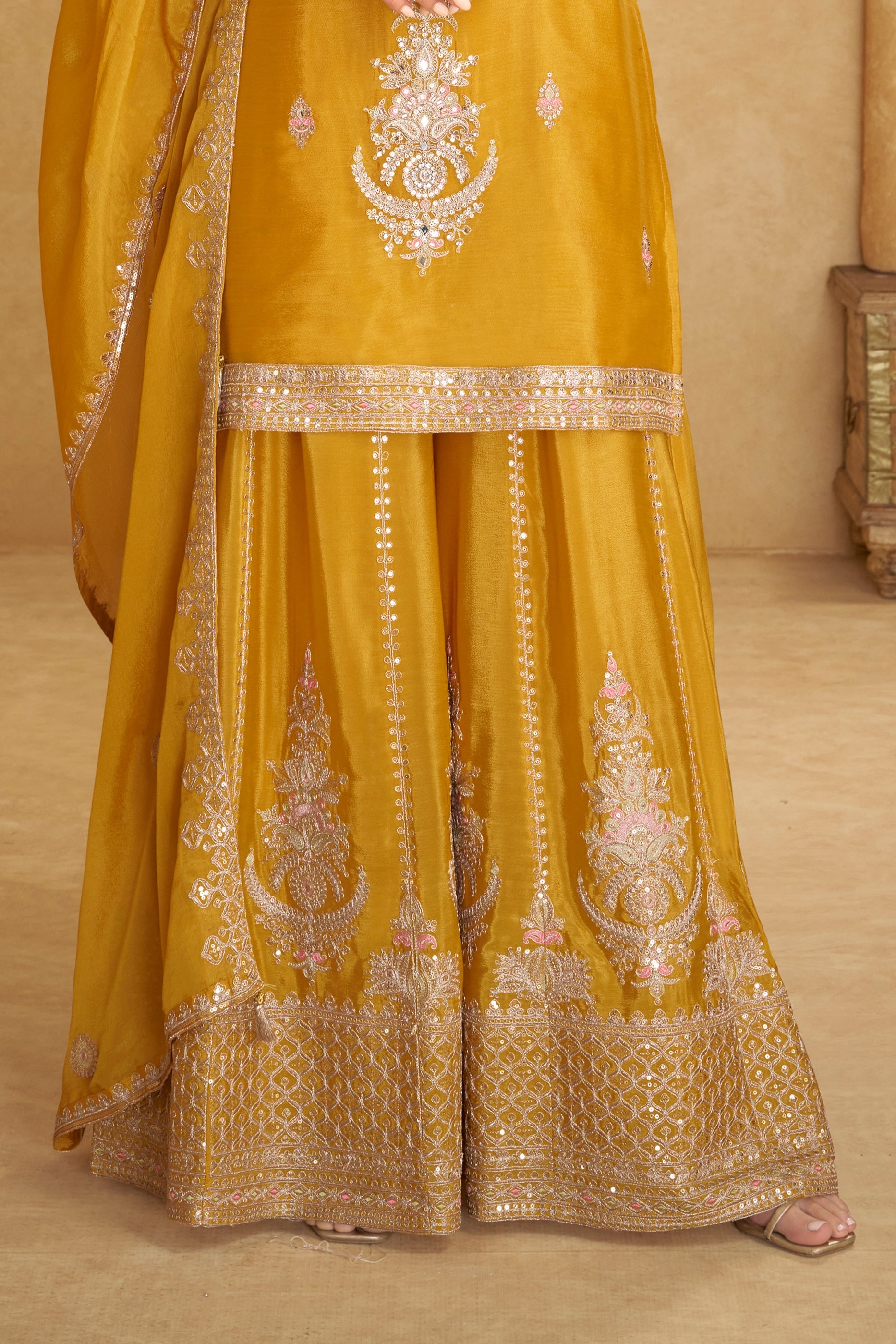 Yellow Readymade Embroidered Chinon Palazzo Suit-SAR11523_5_SareeButa.com