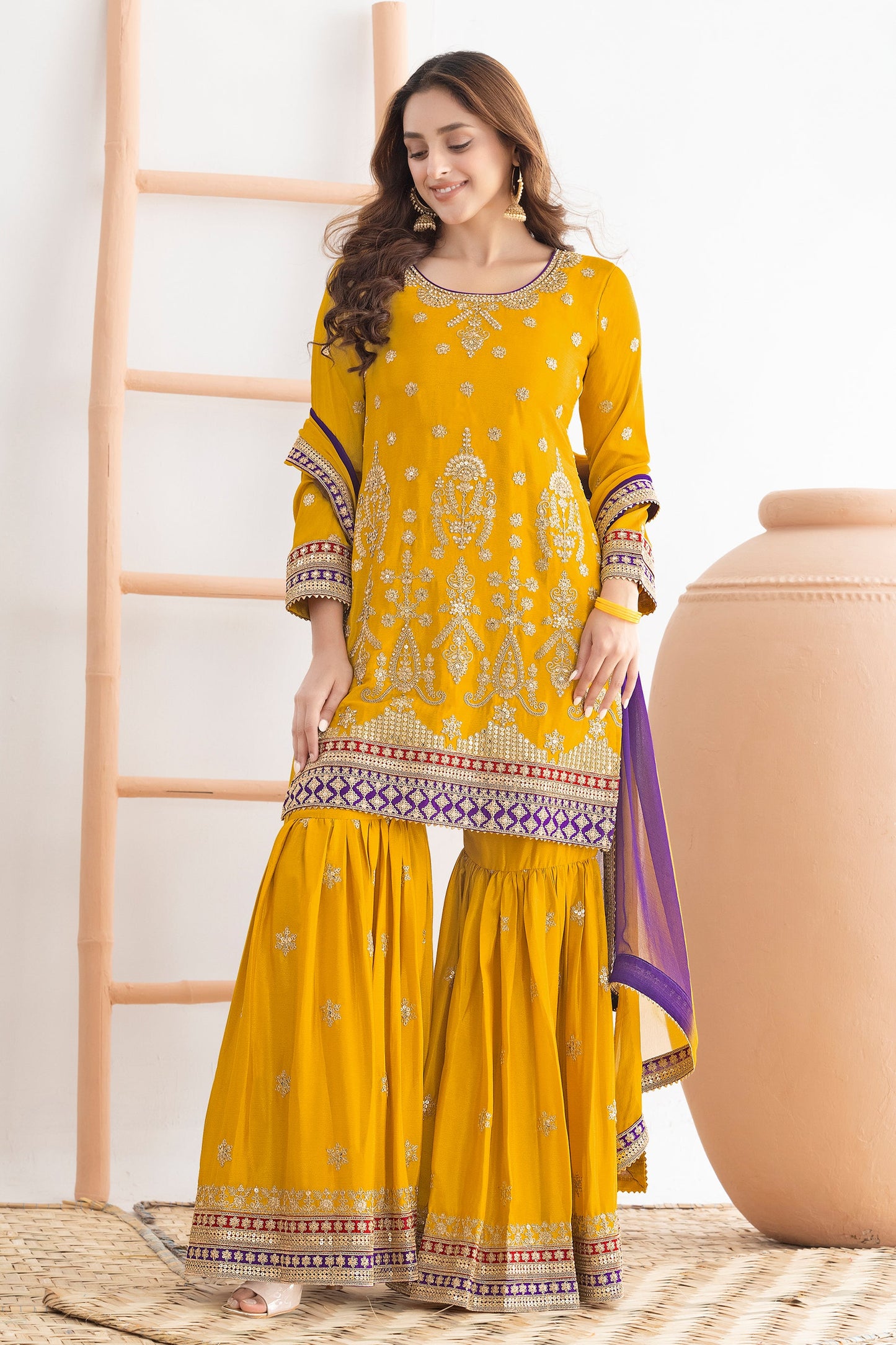 Yellow Readymade Embroidered Chinon Sharara Suit-SAR10815_1_SareeButa.com