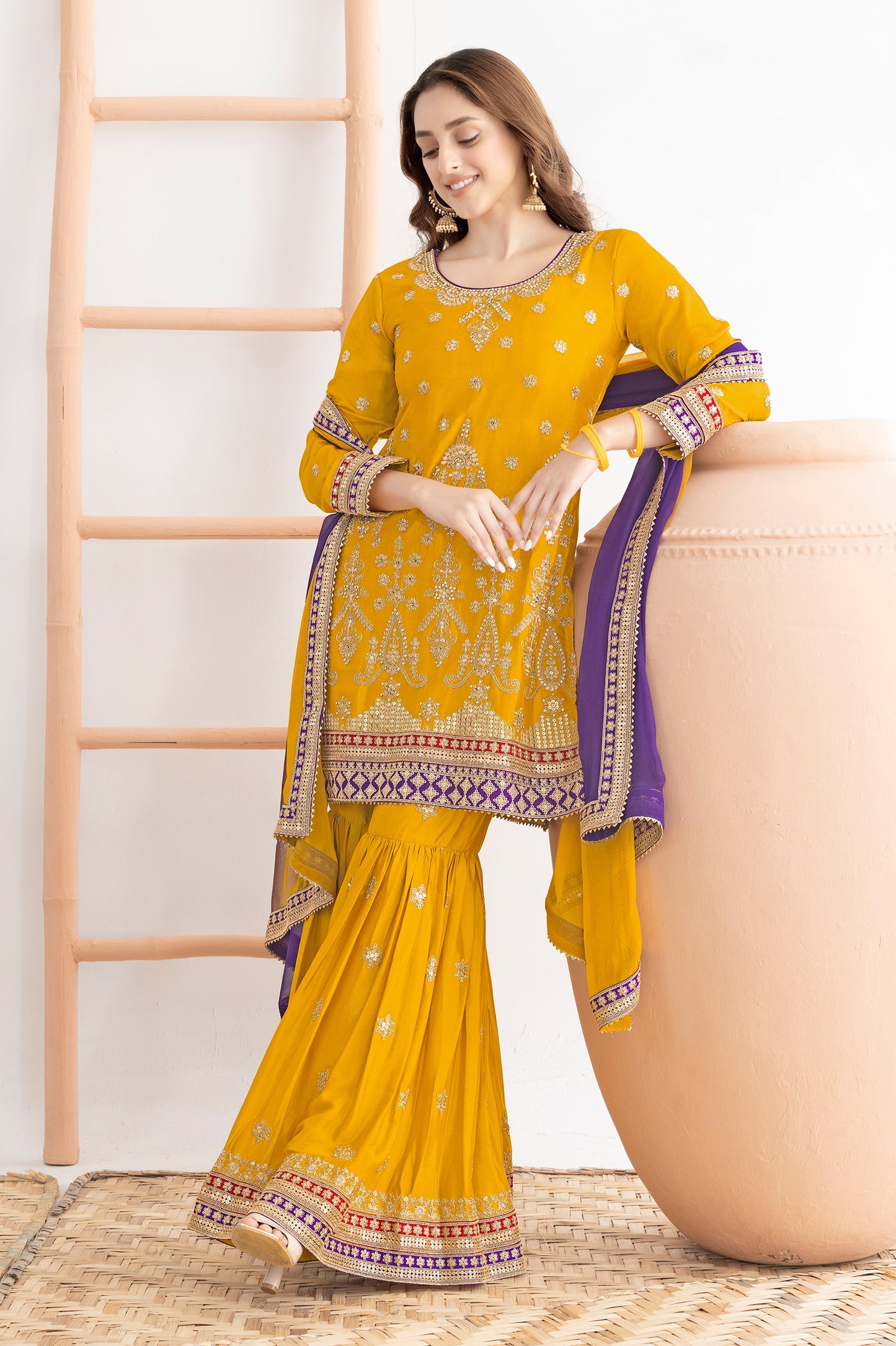 Yellow Readymade Embroidered Chinon Sharara Suit-SAR10815_2_SareeButa.com