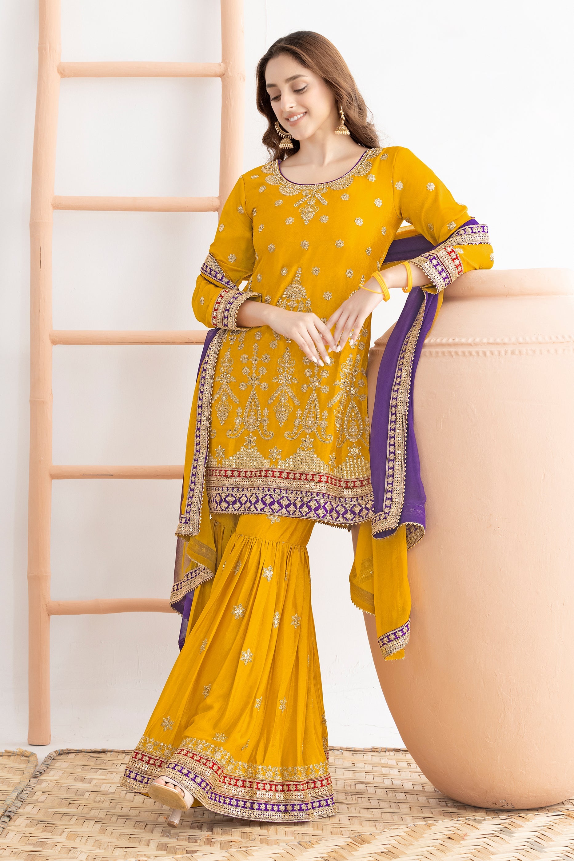 Yellow Readymade Embroidered Chinon Sharara Suit-SAR10815_2_SareeButa.com
