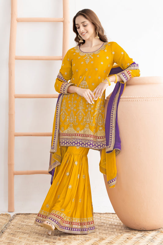 Yellow Readymade Embroidered Chinon Sharara Suit-SAR10815_2_SareeButa.com