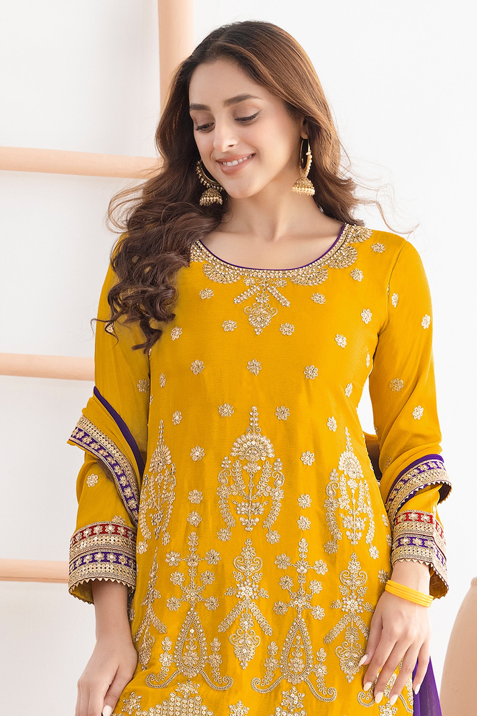 Yellow Readymade Embroidered Chinon Sharara Suit-SAR10815_3_SareeButa.com