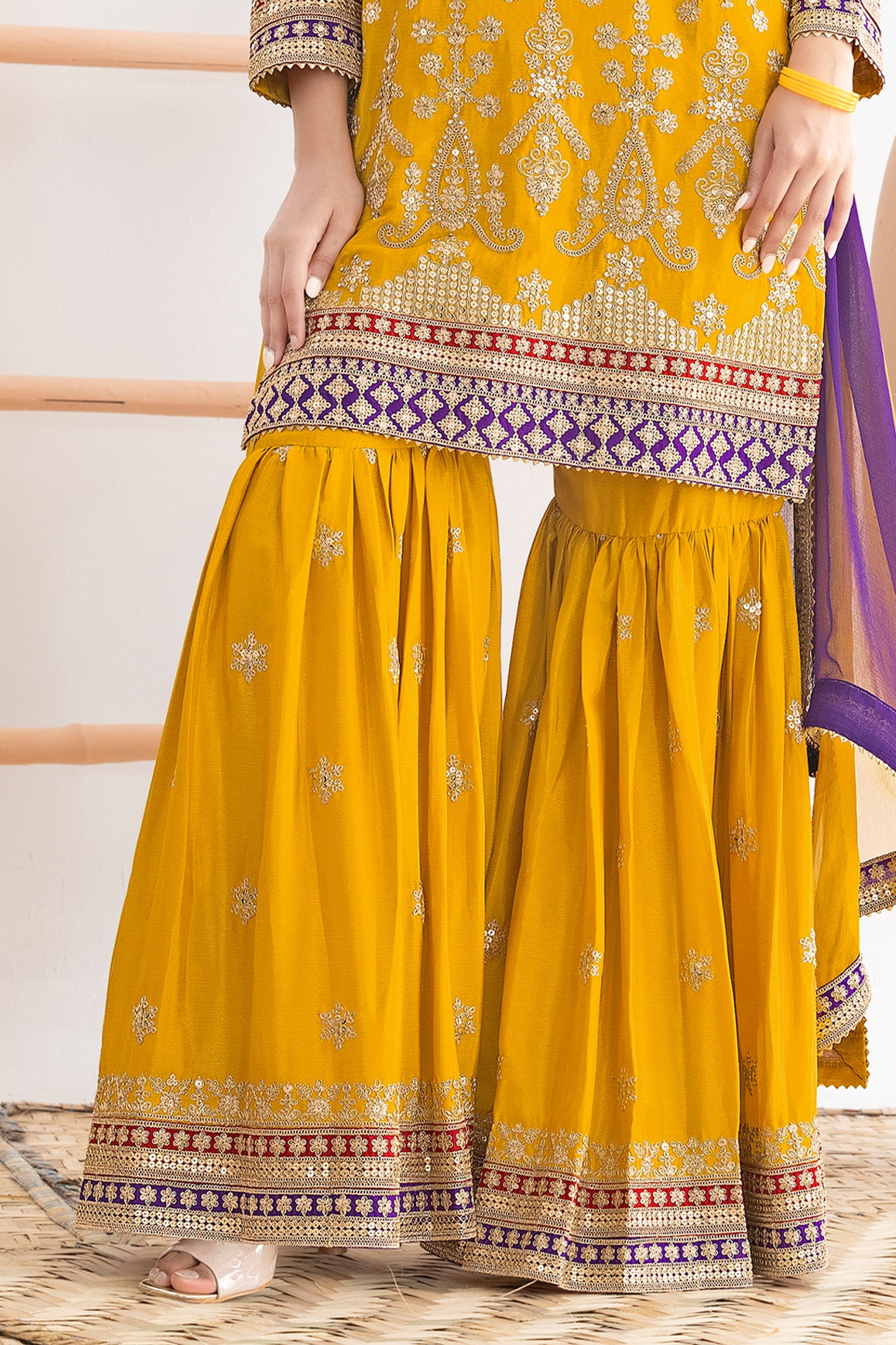 Yellow Readymade Embroidered Chinon Sharara Suit-SAR10815_4_SareeButa.com