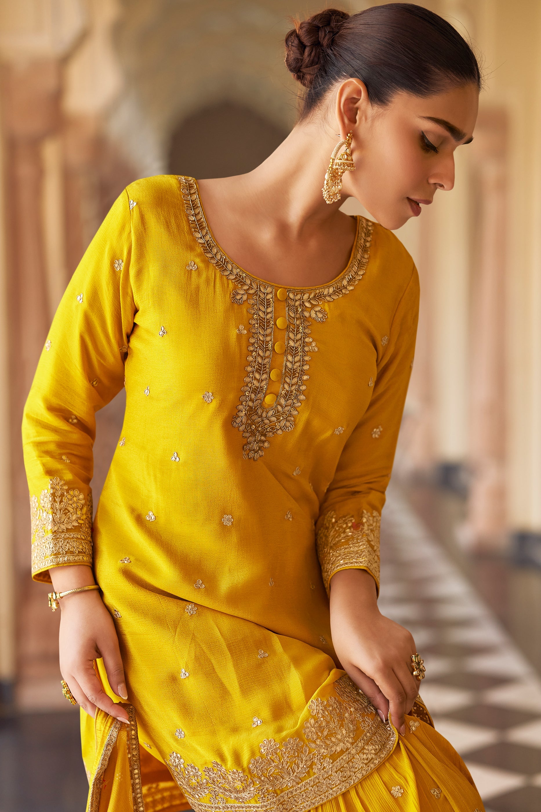 Yellow Readymade Embroidered Chinon Sharara Suit-SAR11618_3_SareeButa.com