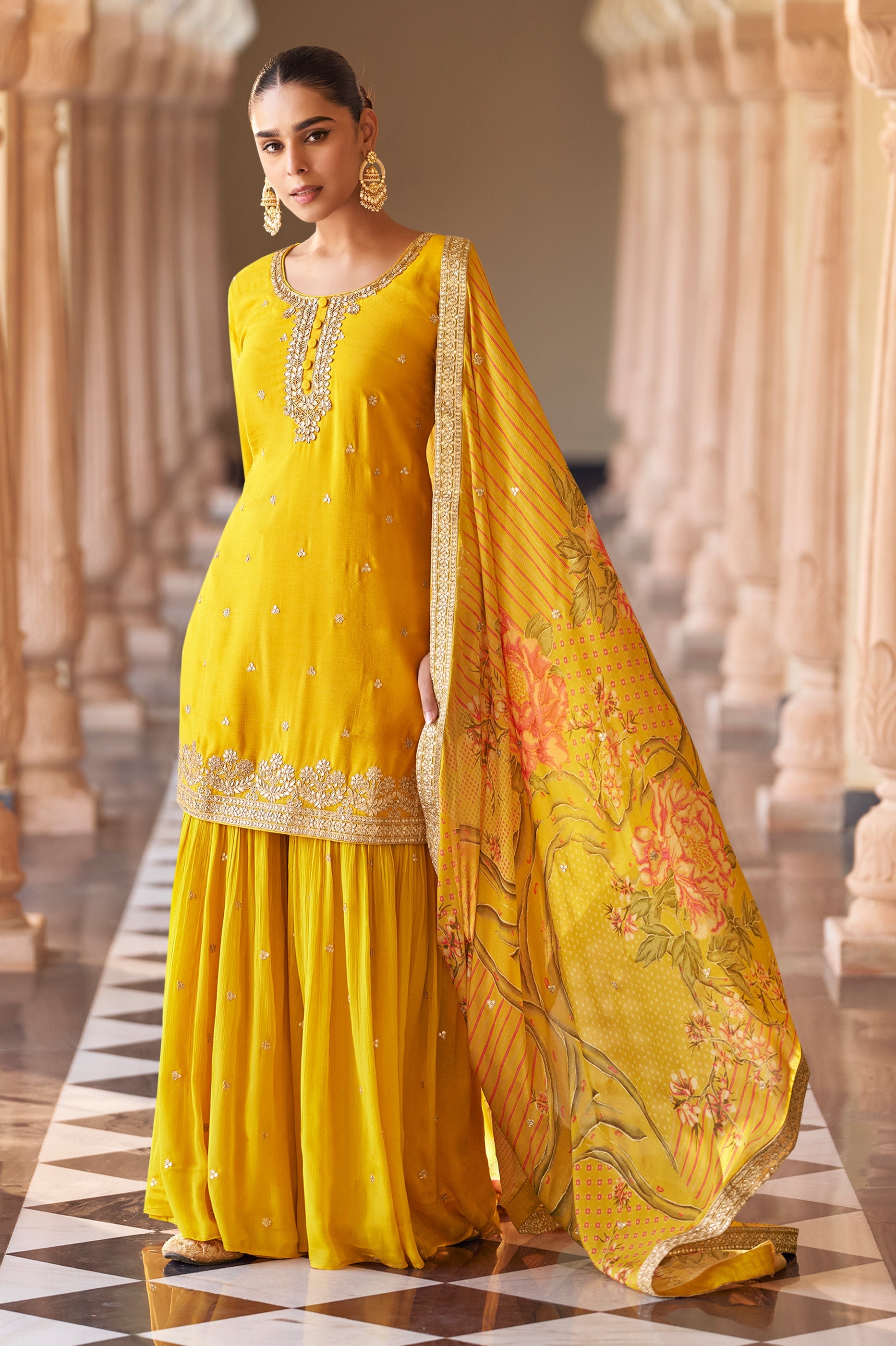 Yellow Readymade Embroidered Chinon Sharara Suit-SAR11618_4_SareeButa.com