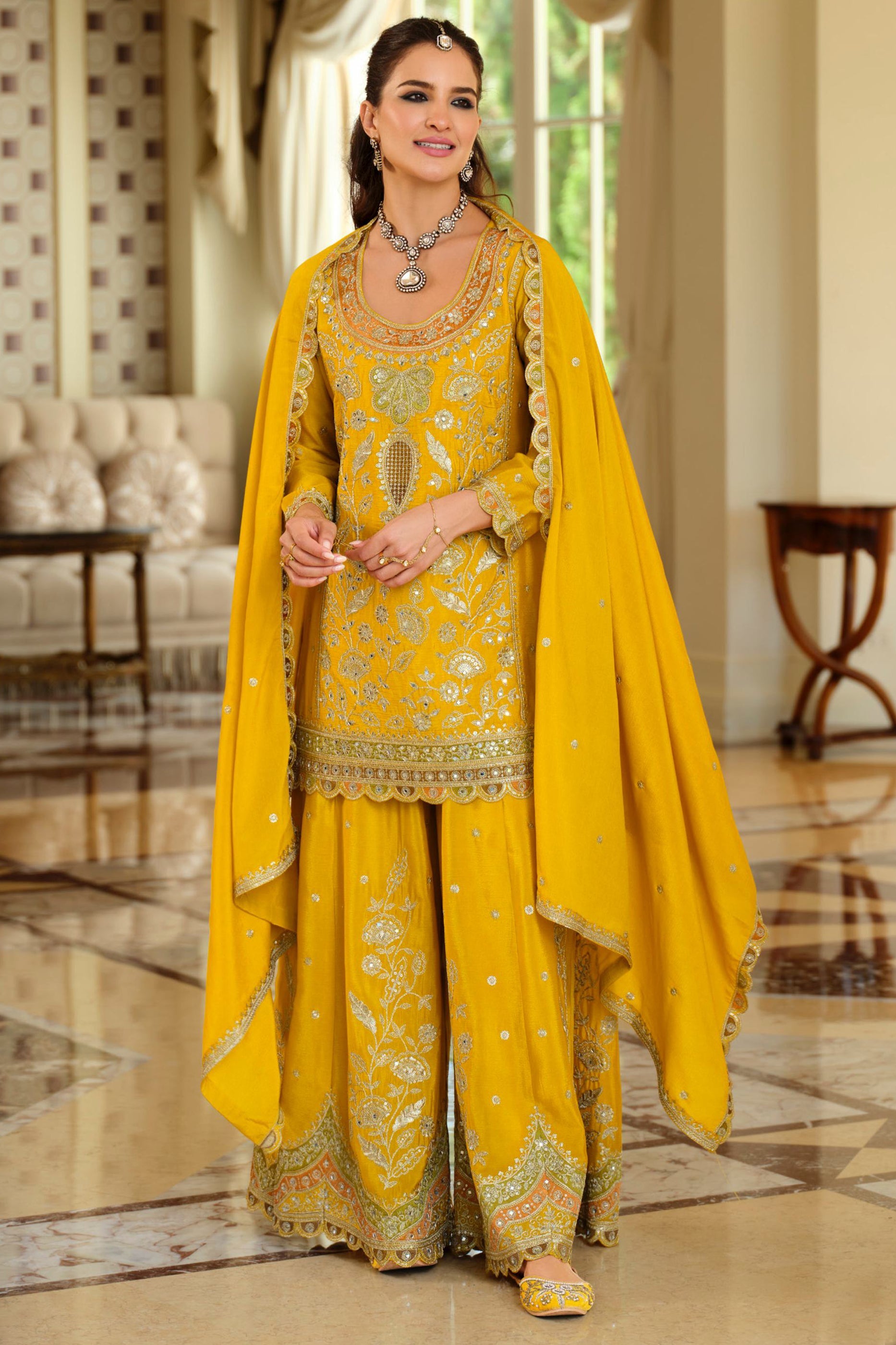Yellow Readymade Embroidered Chinon Sharara Suit-SAR12055_1_SareeButa.com