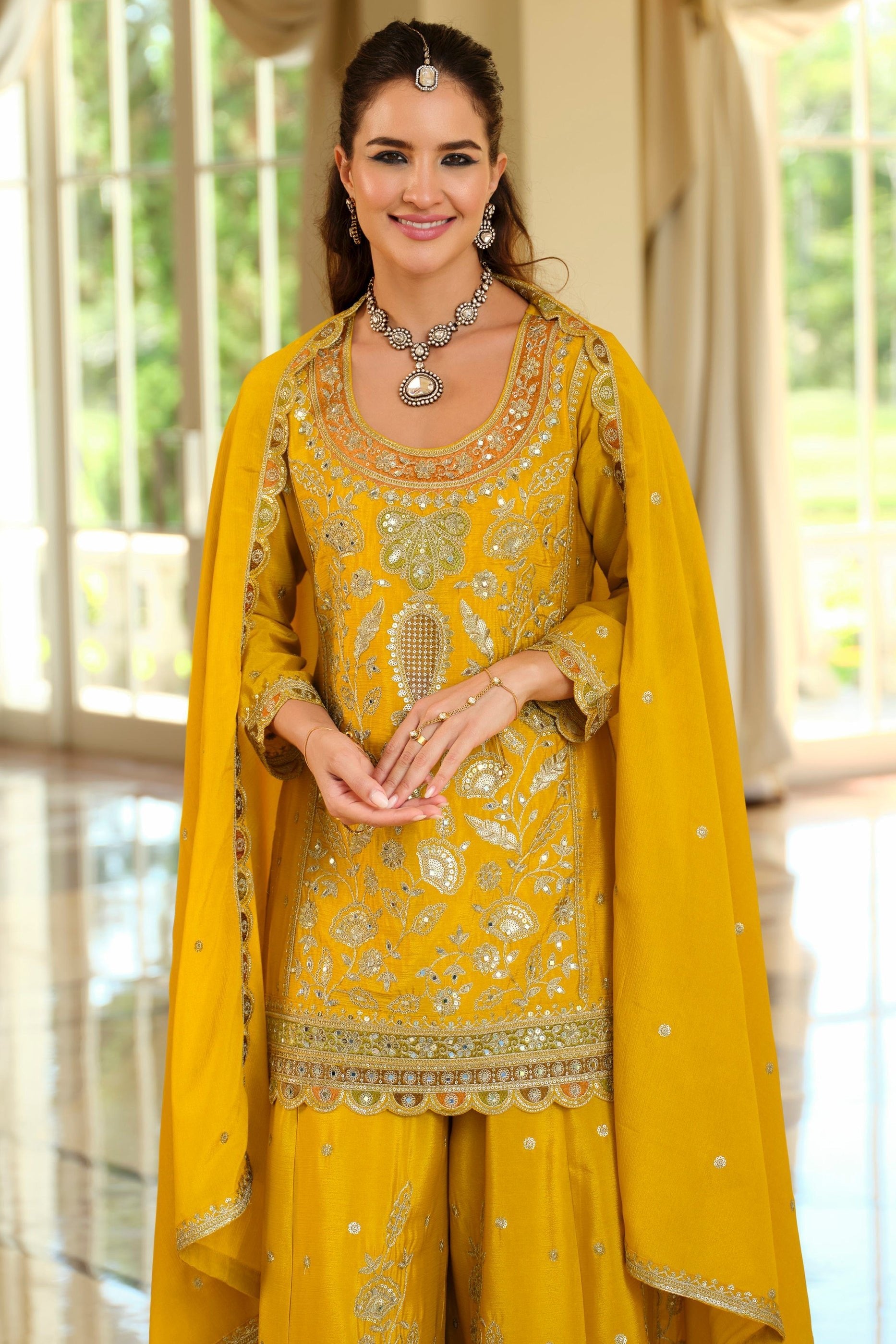 Yellow Readymade Embroidered Chinon Sharara Suit-SAR12055_2_SareeButa.com