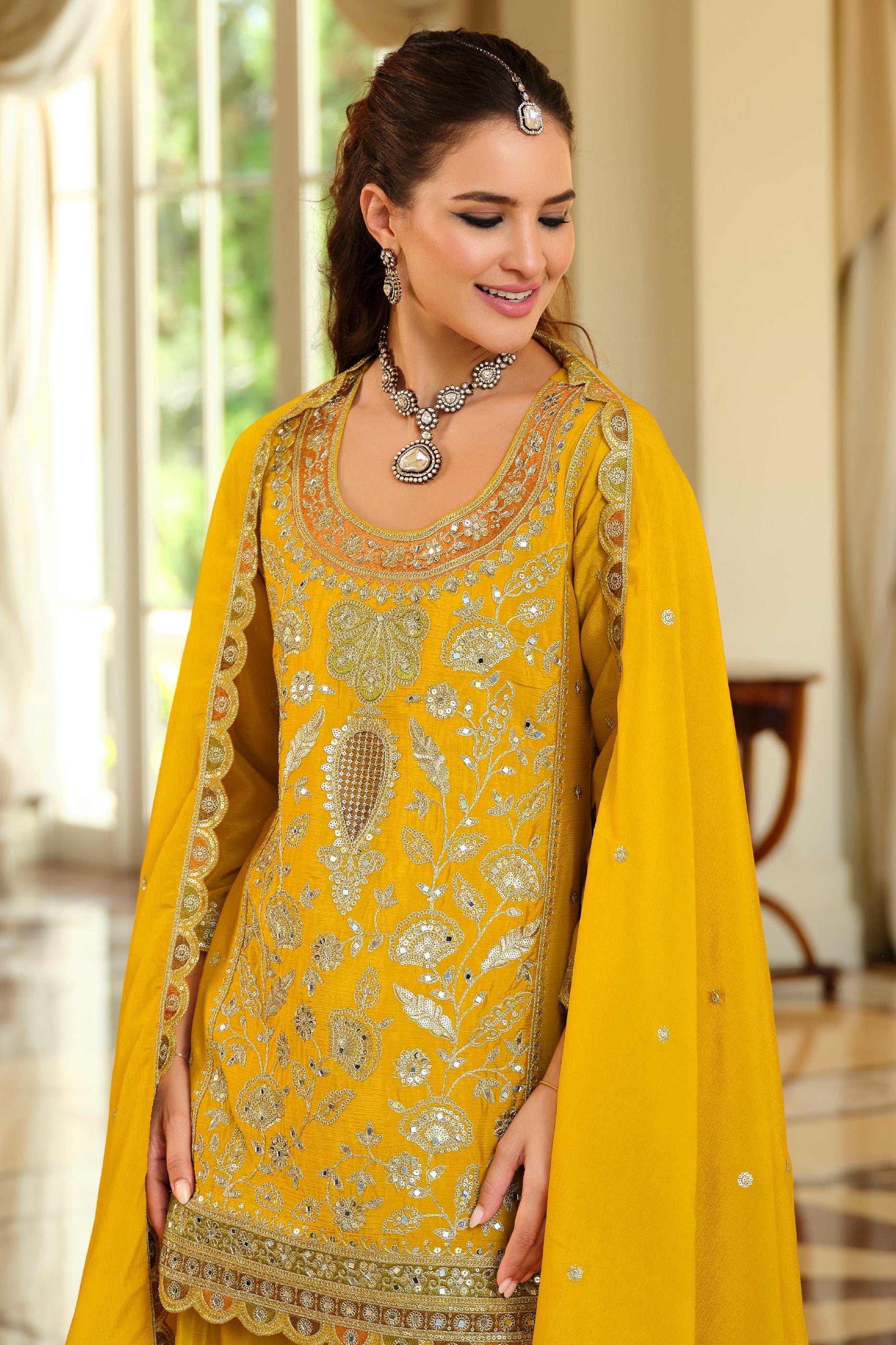 Yellow Readymade Embroidered Chinon Sharara Suit-SAR12055_3_SareeButa.com