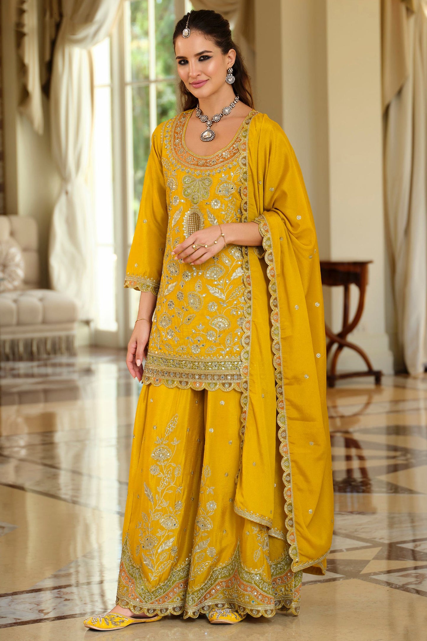 Yellow Readymade Embroidered Chinon Sharara Suit-SAR12055_4_SareeButa.com