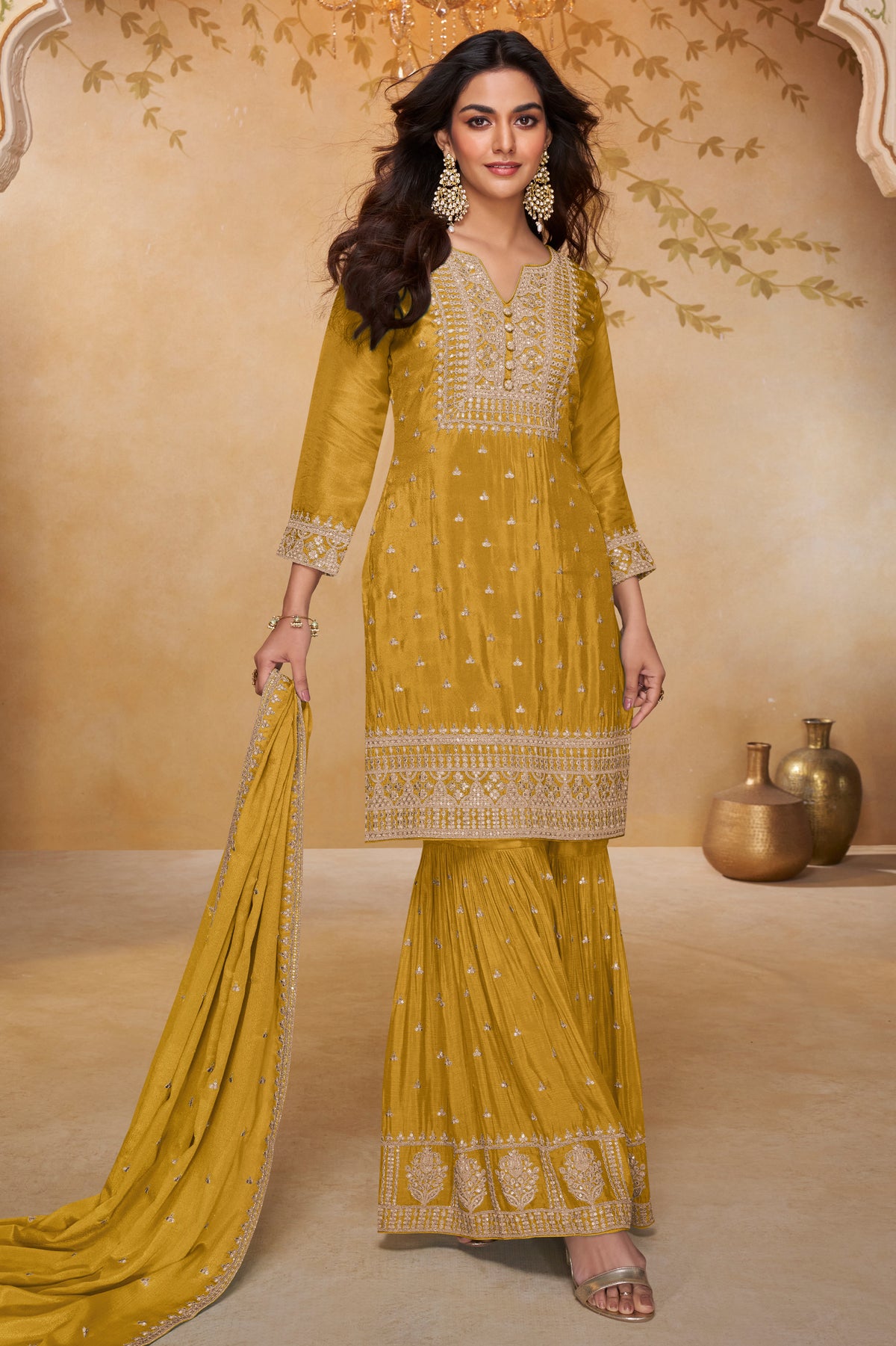Yellow Readymade Embroidered Chinon Sharara Suit-SAR13324_1_SareeButa.com