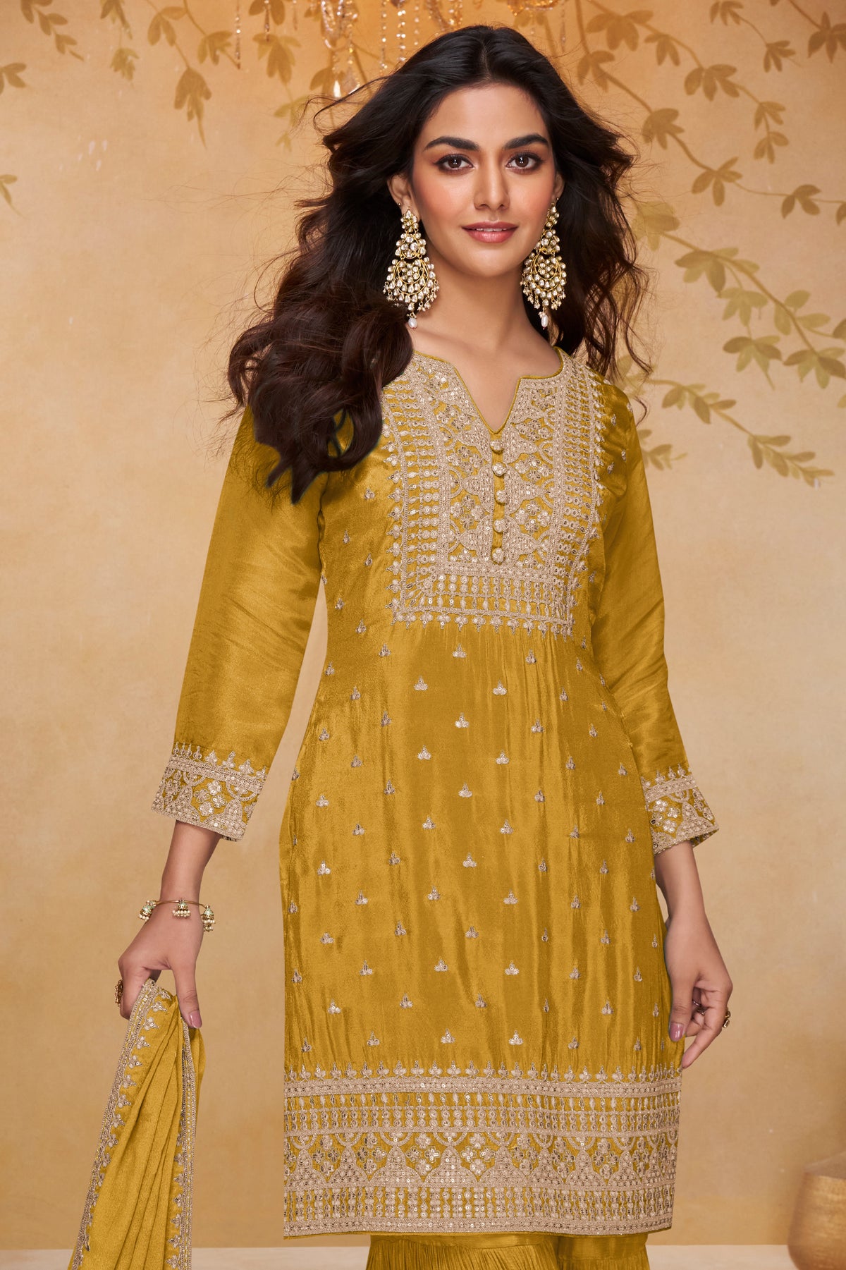 Yellow Readymade Embroidered Chinon Sharara Suit-SAR13324_3_SareeButa.com