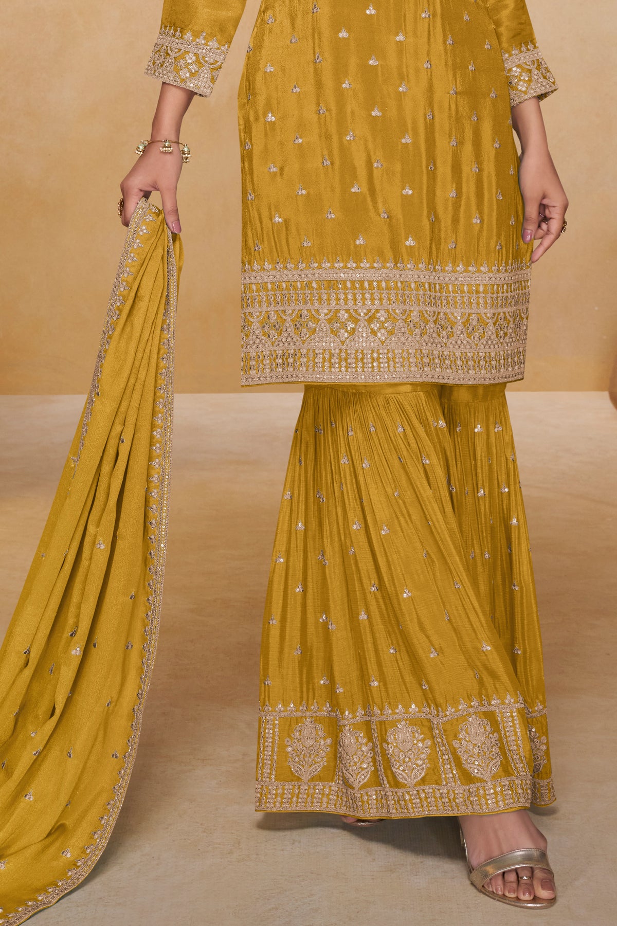 Yellow Readymade Embroidered Chinon Sharara Suit-SAR13324_4_SareeButa.com