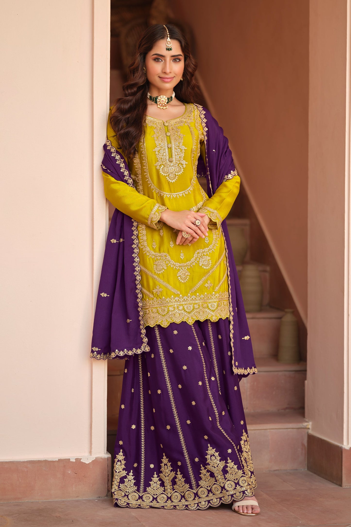 Yellow Readymade Embroidered Chinon Silk Palazzo Suit-SAR11490_1_SareeButa.com